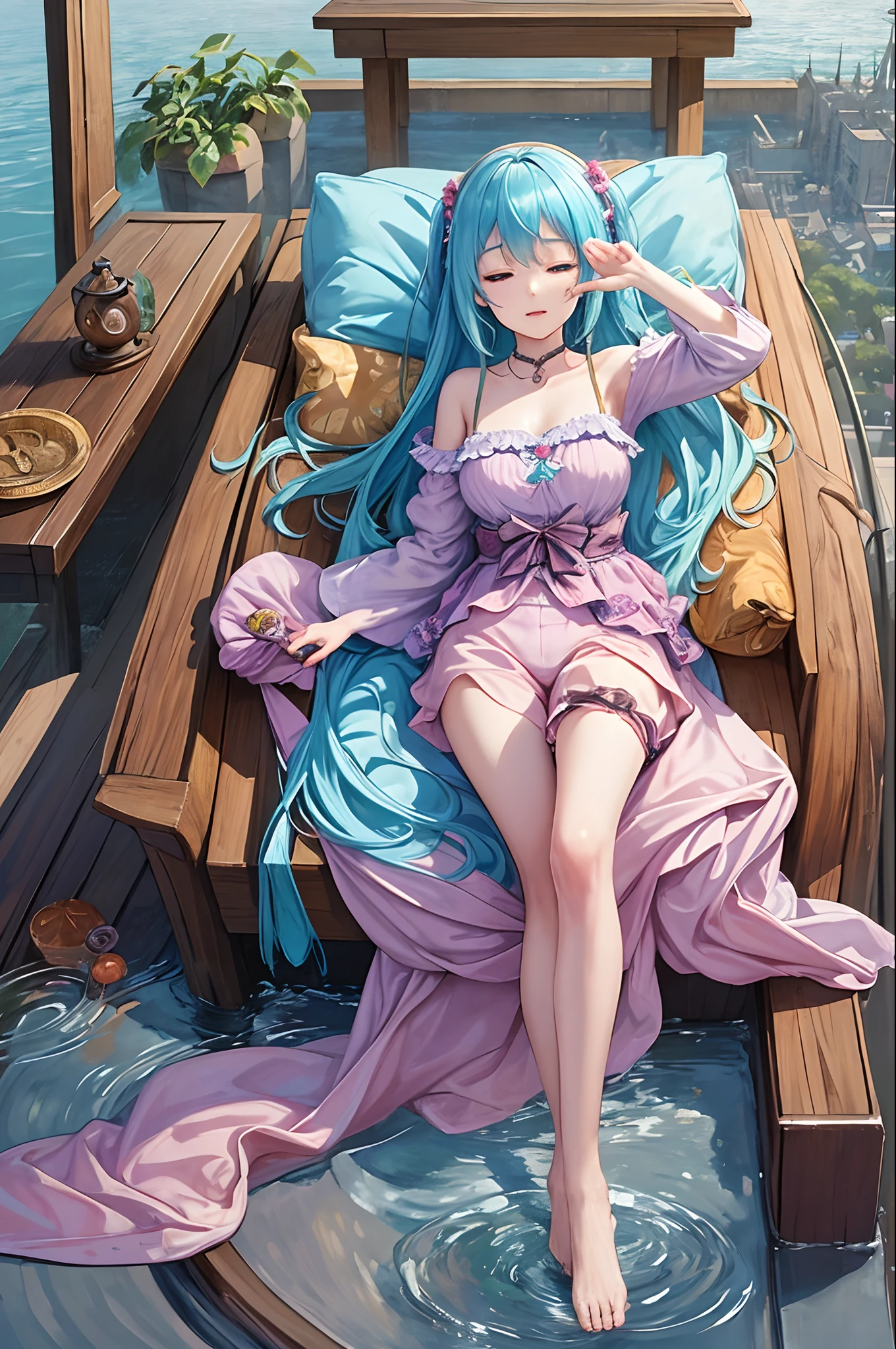 (​masterpiece、top-quality、Official art:1.2)、(colourfull)、miku hatsune、see the beholder、1girl in、portlate、独奏、Colorful water levitation、girl  sleeping、realisticlying、She wears long pants、Wearing pink pajamas、
