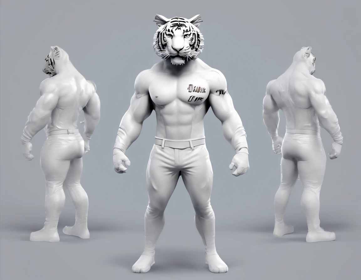 um personagem para desenho sendo um (((tigre branco))) , usando uma camisa azul, smiling and with open arms, para sites de vendas