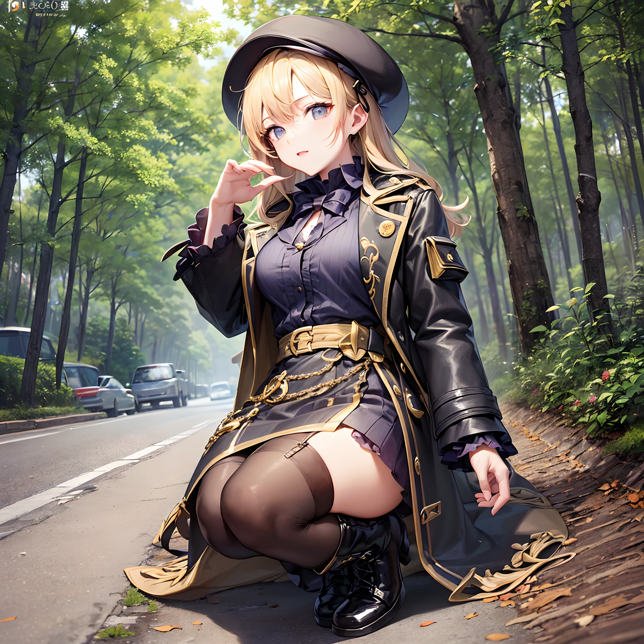 (Finest quality)),(超A high resolution),(ultra-detailliert),(Meticulous portrayal),((best pictures)),(Finest works of art),Ultra-Precision Art,The art of astounding depiction, (1人の女性:1.3),trench coat,beret,lace-up boots, paved roads,Tree Dead
