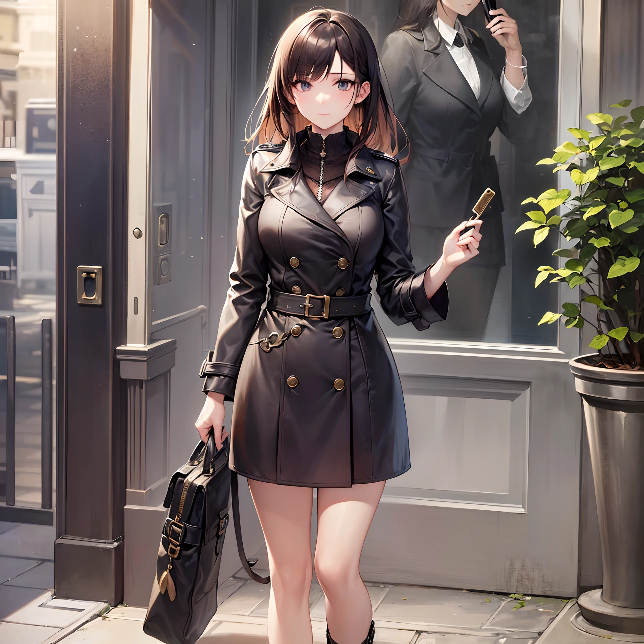 (Finest quality)),(超A high resolution),(ultra-detailliert),(Meticulous portrayal),((best pictures)),(Finest works of art),Ultra-Precision Art,The art of astounding depiction, (1人の女性:1.3),detective:1.4,trench coat, paved roads