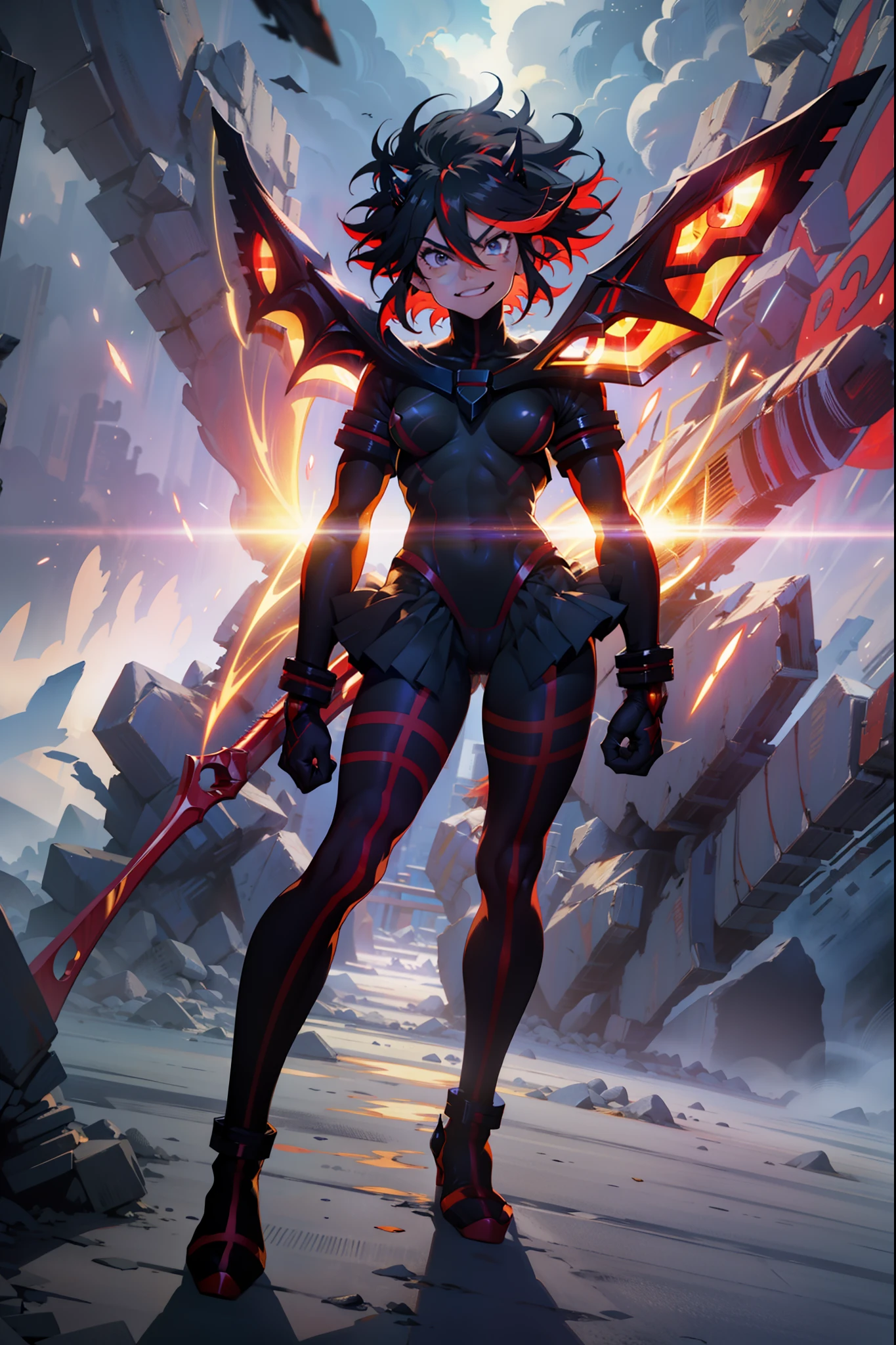 Anime, ryoko matoi,flying through the sky with black angel wings, golden leotard armor, In Battle, Chaos, shooting laser beams from hands, masterpiece ,pantyhose, boots,magicagirl body suit, large skirt, smile, long skirt,standing,smile forest,smile, full body, red hair