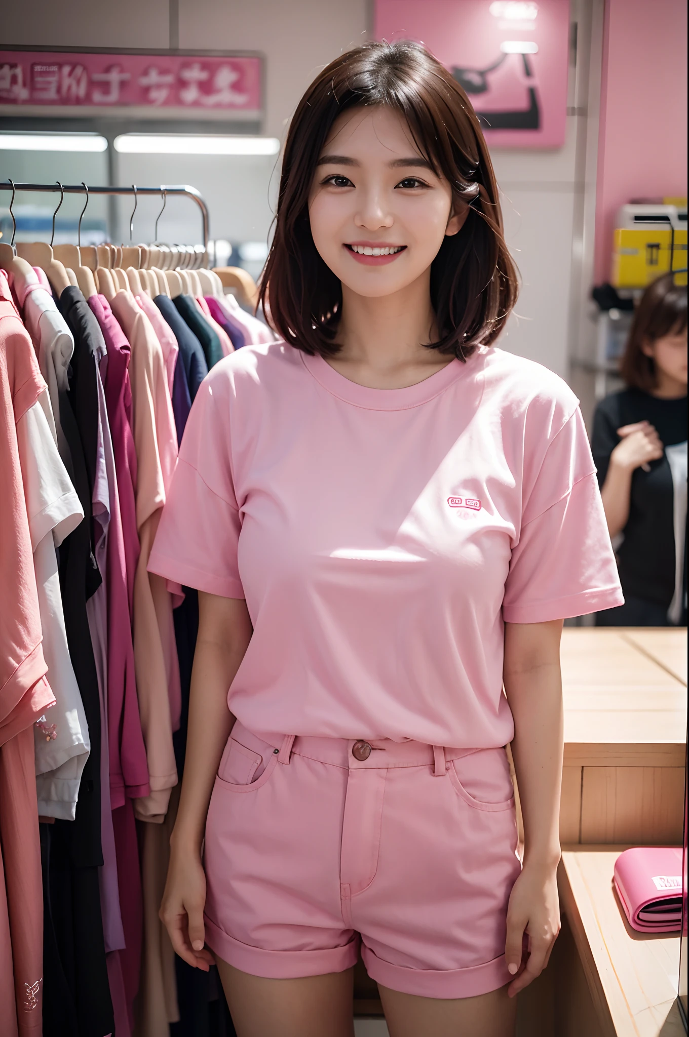 there is a woman standing in a store with a pink shirt, a picture inspired by Kim Jeong-hui, tumblr, realism, captured on canon eos r 6, shot on canon eos r5, shot on canon eos r 5, taken with canon 8 0 d, taken with canon eos 5 d mark iv, earing a shirt laughing, chiho, lofi girl