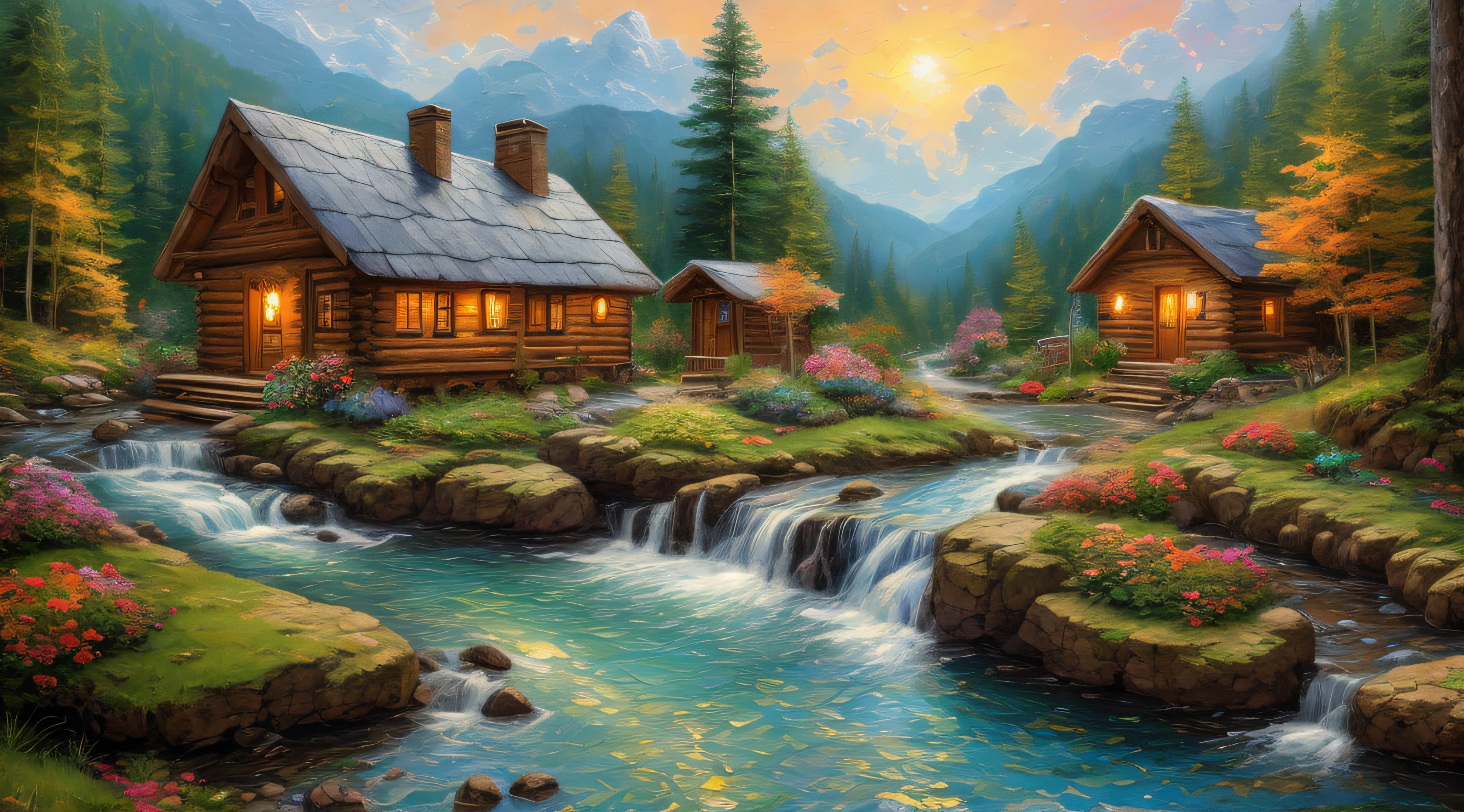 painting of a cabin in a mountain stream with a waterfall, children play around cabin,  4 k oil painting, beautiful oil matte painting, oil painting 4 k, oil painting 4k, cottage in the forest, beautiful oil painting on canvas, beautiful digital painting, smooth oil painting, beautiful art uhd 4 k, 8 k hd detailed oil painting, oil digital painting, Inspired by Thomas Kinkade.