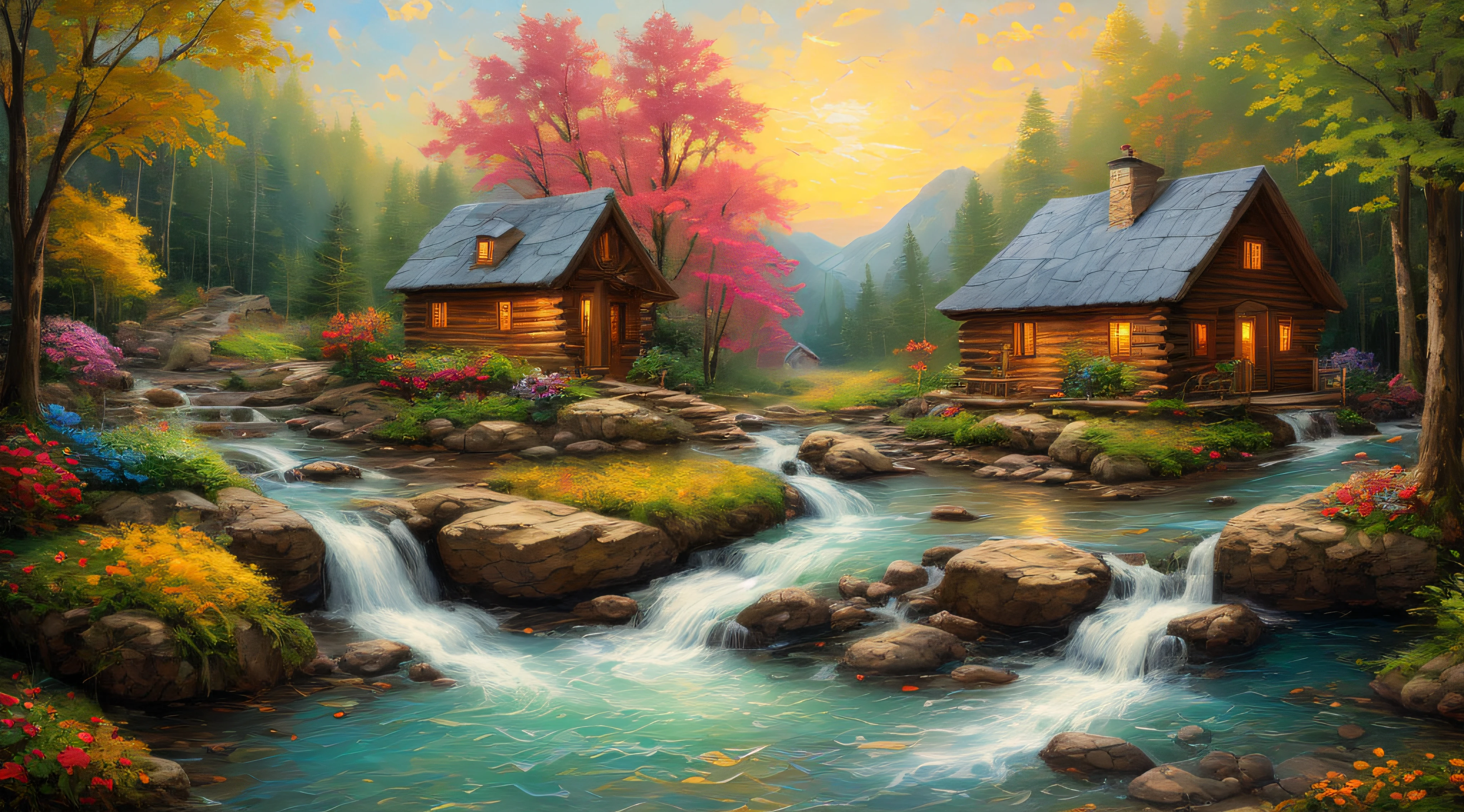 painting of a cabin in a mountain stream with a waterfall, children play around cabin,  4 k oil painting, beautiful oil matte painting, oil painting 4 k, oil painting 4k, cottage in the forest, beautiful oil painting on canvas, beautiful digital painting, smooth oil painting, beautiful art uhd 4 k, 8 k hd detailed oil painting, oil digital painting, Inspired by Thomas Kinkade.