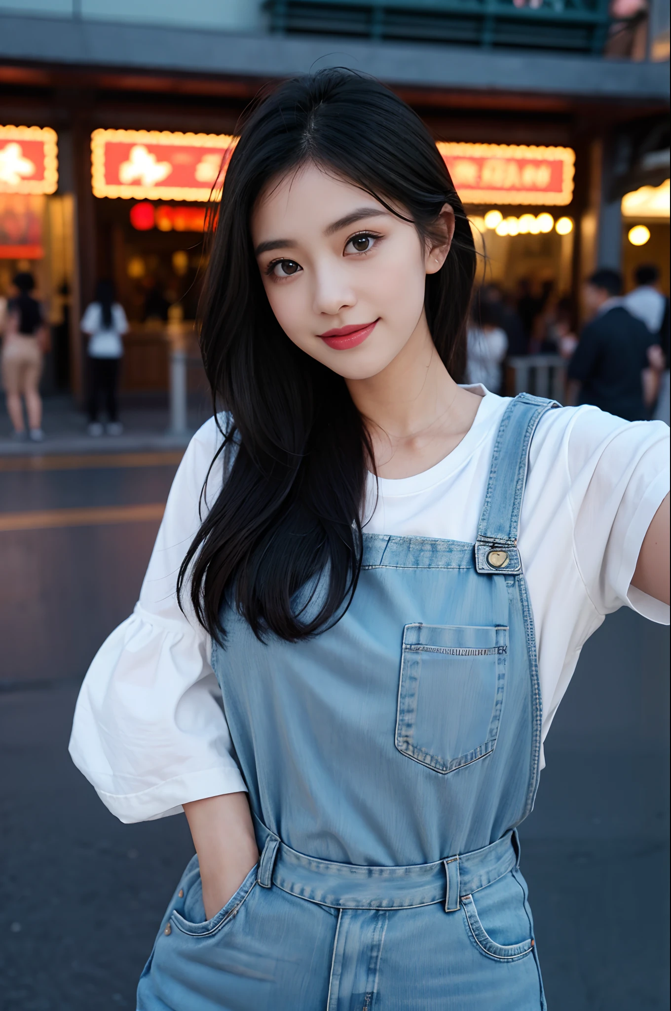 1girl in,At Disneyland,Soft light、The face remains a model、Random trendy fashion、Take random poses、Solo Shot、model shot、Polished RAW photos、Big eyes、 eyes、 Beautiful makeup、long eyeslashes、A smile、Smile、、Solo Photography、beatiful detailed eyes、vertical stripes imagem 4k 超A high resolution、Overall view