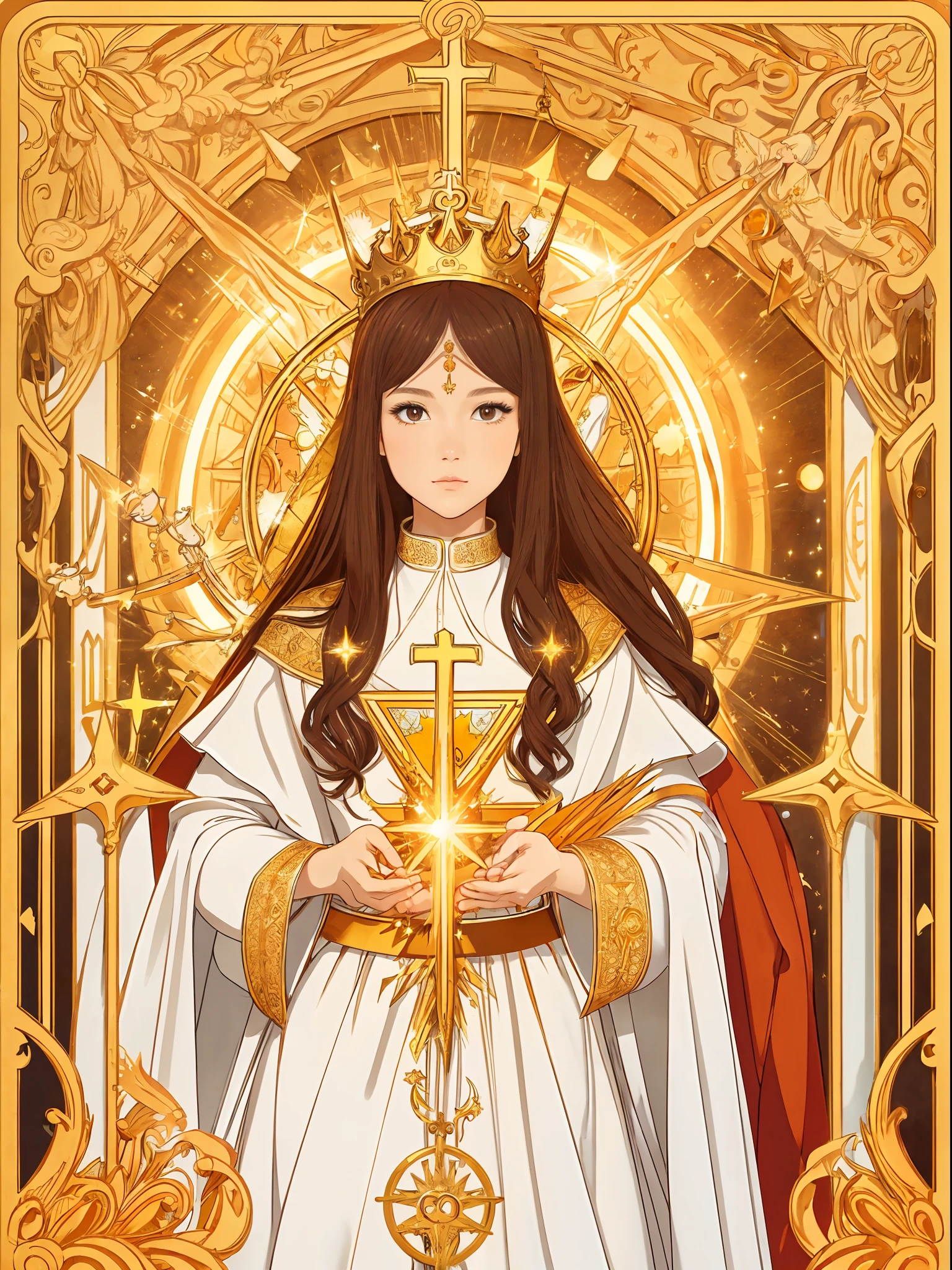 1girl as Santa Monica, detailed eyes, detailed face, detailed skin, Catholic church backgrounds, holy atmosphere, highly saturating sunbeams, holy ceremony, angelic halo, golden and orange spark dazzling around, holy magic circle, golden crown , best quality, masterpiece, trending on Art station,illustrated as tarot card