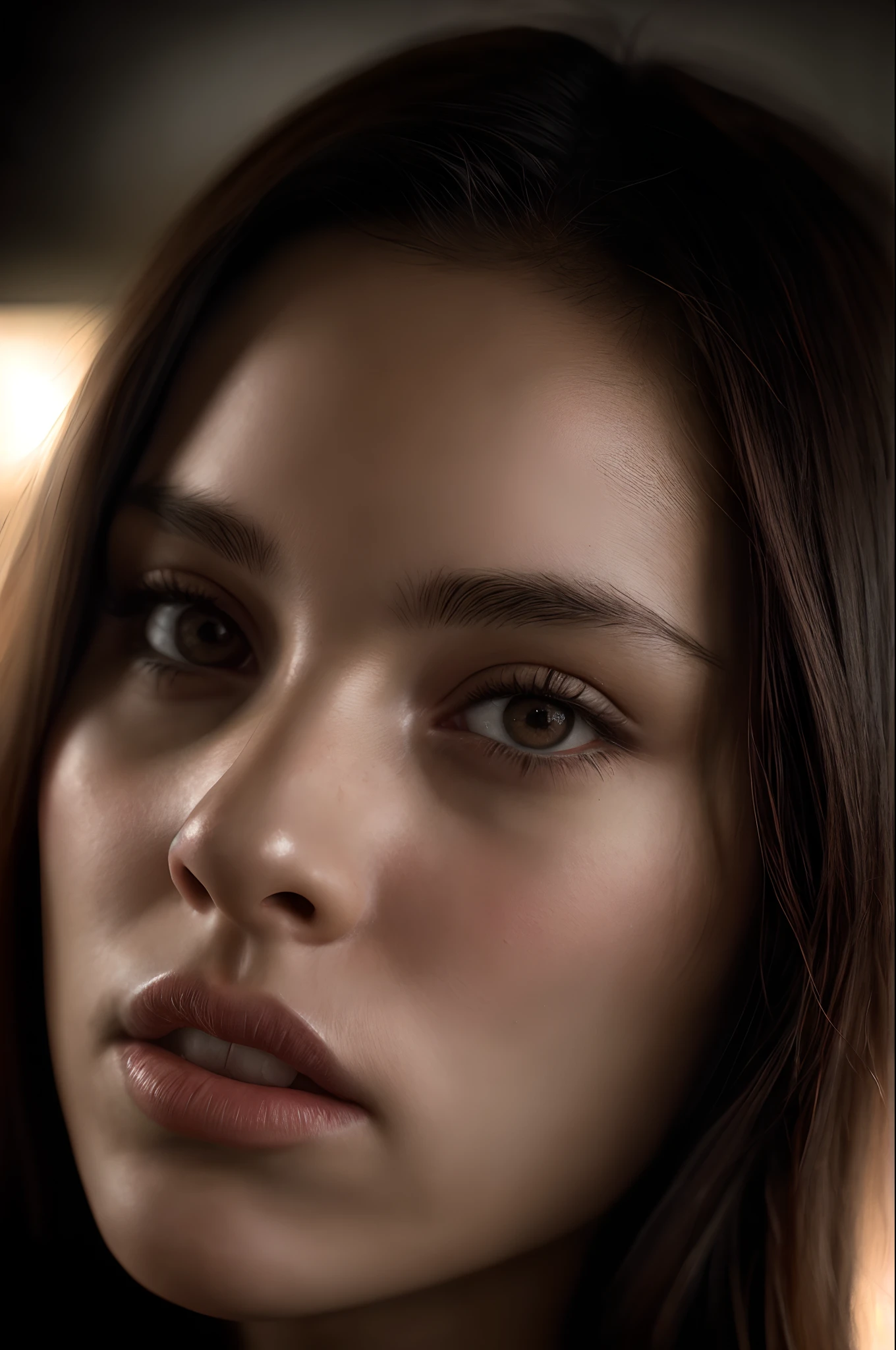 (Close-up, An editorial photo of a 21-year-old woman), (Highly detailed face:1.4) (Smile:0.7) (background inside dark, Moody, Private study:1.3) angle of view, by Lee Jeffries, Nikon D850, film stock photograph ,4 Kodak Portra 400 ,Camera f1.6 shots ,Rich colors ,Ultra photo realsisim ,Lifelike texture, Dramatic lighting , cine still 800,