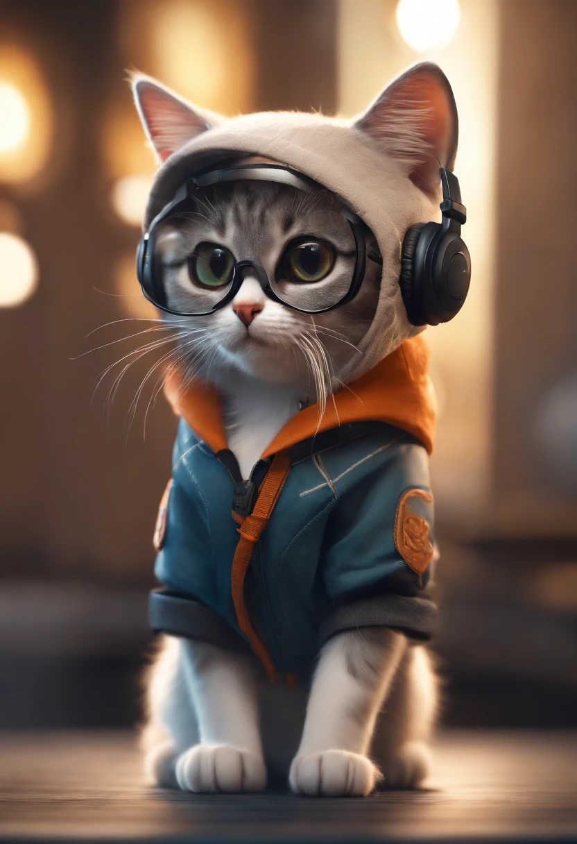 Perfect centering, Cute little cat, Wear a jacket, Wearing sunglasses, Wearing headphones, cheerfulness, Standing position, Abstract beauty, Centered, Looking at the camera, Facing the camera, Approaching perfection, Dynamic, Highly detailed, Smooth, Sharp Focus, 8K