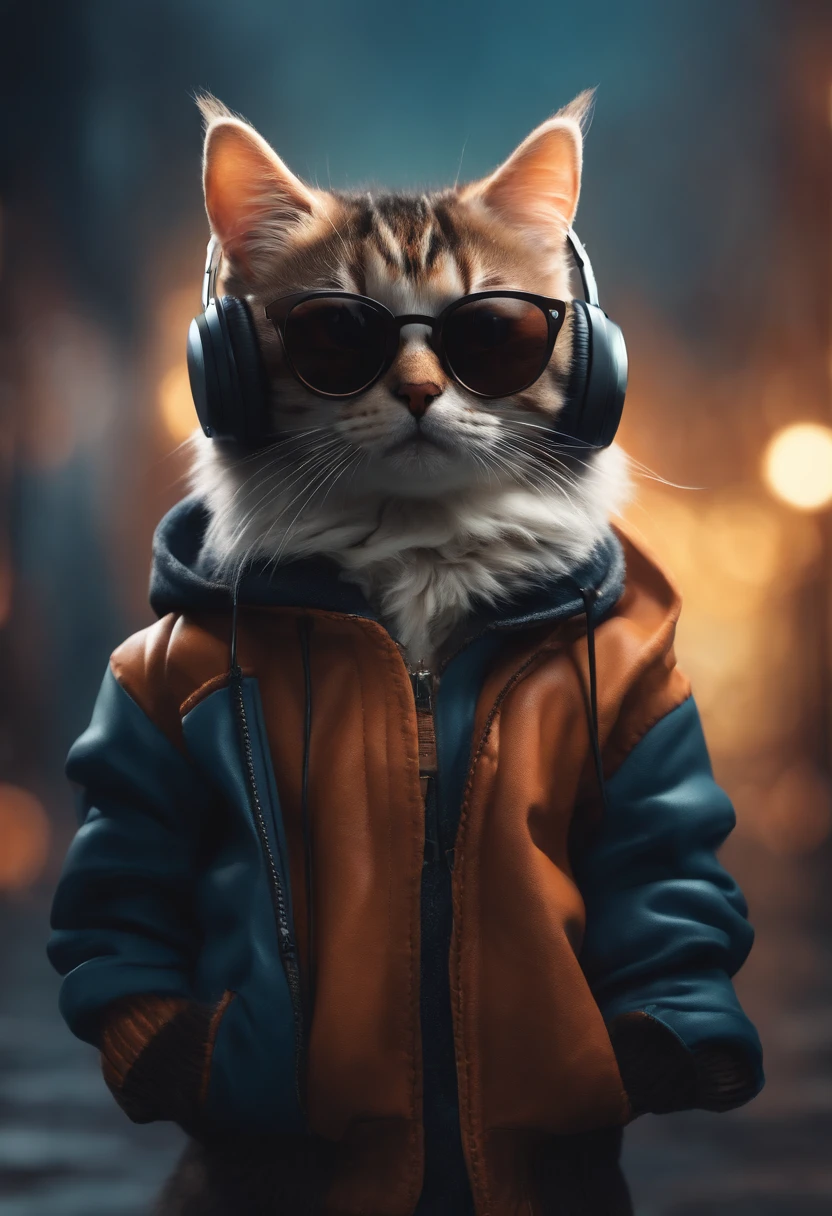 Perfect centering, Cute  cat, Wear a jacket, Wearing sunglasses, Wearing headphones, cheerfulness, Standing position, Abstract beauty, Centered, Looking at the camera, Facing the camera, Approaching perfection, Dynamic, Highly detailed, Smooth, Sharp Focus, 8K