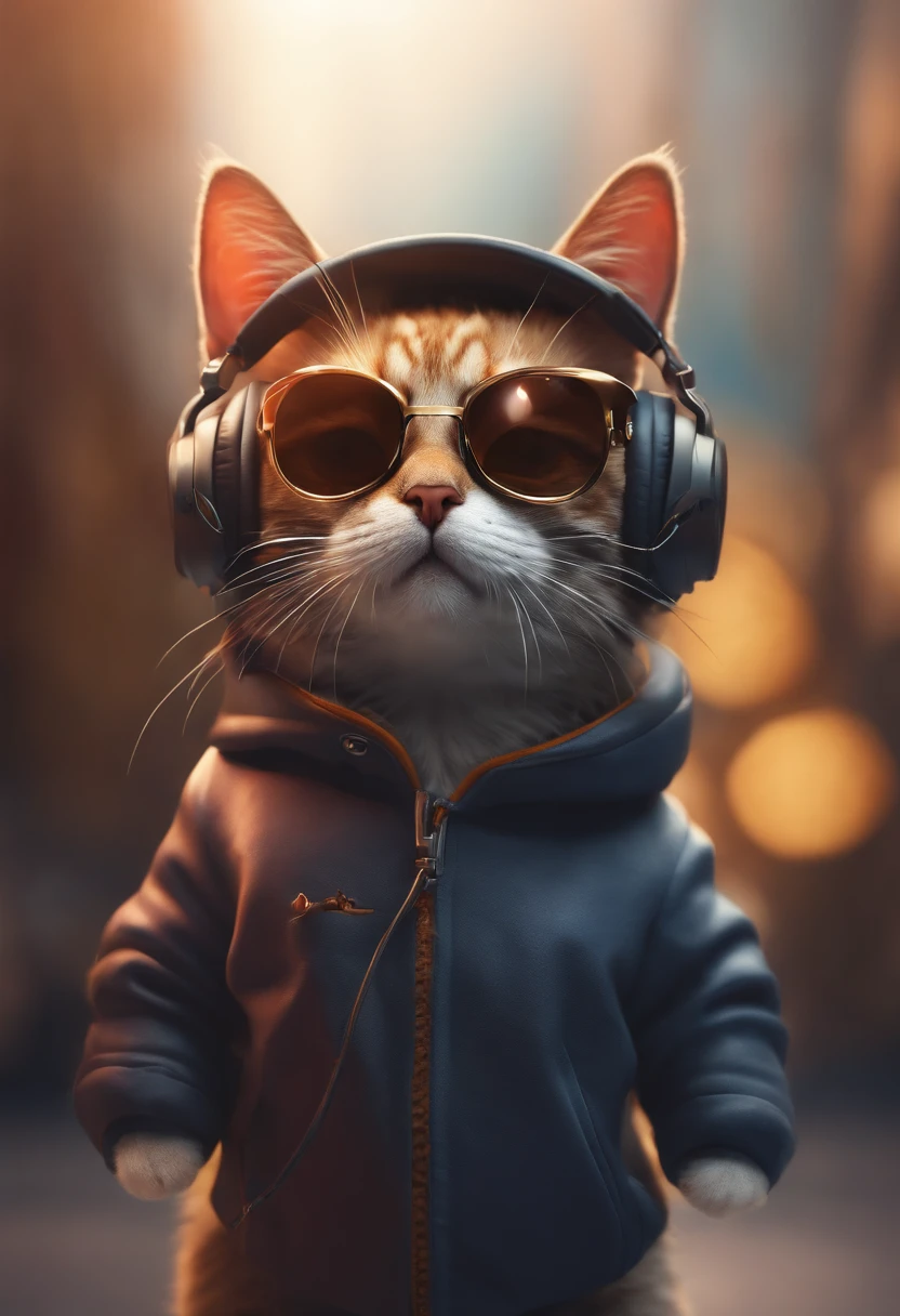 Perfect centering, Cute little cat, Wear a jacket, Wearing sunglasses, Wearing headphones, cheerfulness, Standing position, Abstract beauty, Centered, Looking at the camera, Facing the camera, Approaching perfection, Dynamic, Highly detailed, Smooth, Sharp Focus, 8K