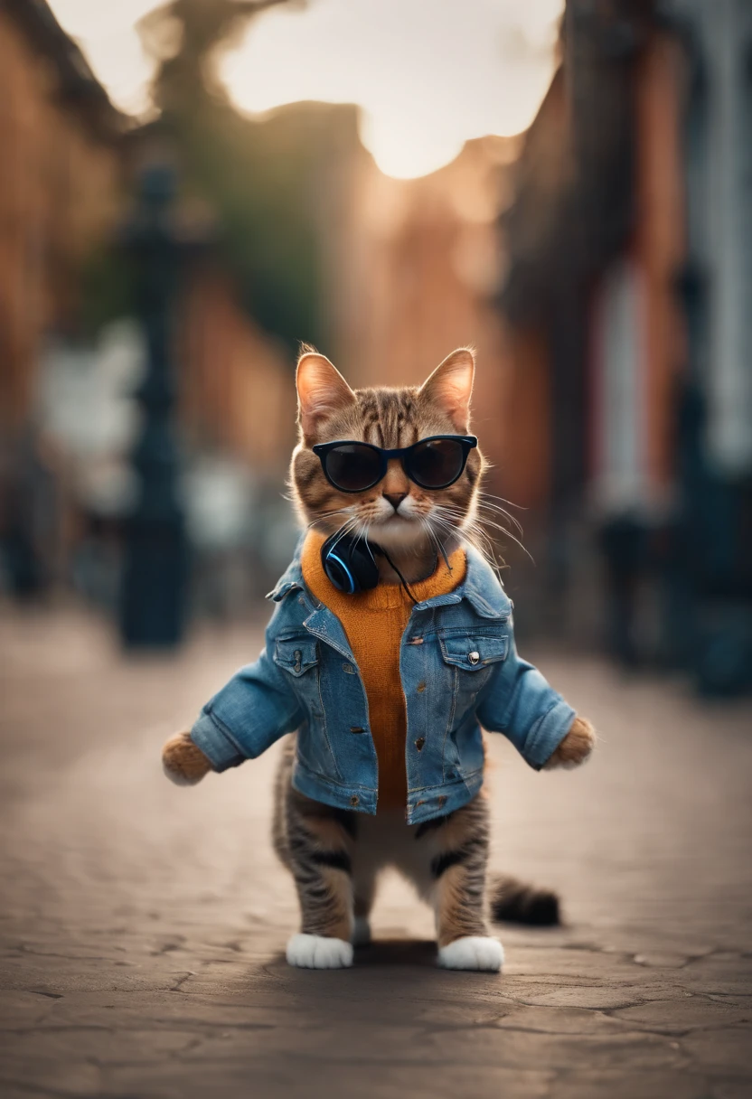 Perfect centering, Cute little cat, Wear a jacket, Wearing sunglasses, Wearing headphones, cheerfulness, Standing position, Abstract beauty, Centered, Looking at the camera, Facing the camera, Approaching perfection, Dynamic, Highly detailed, Smooth, Sharp Focus, 8K