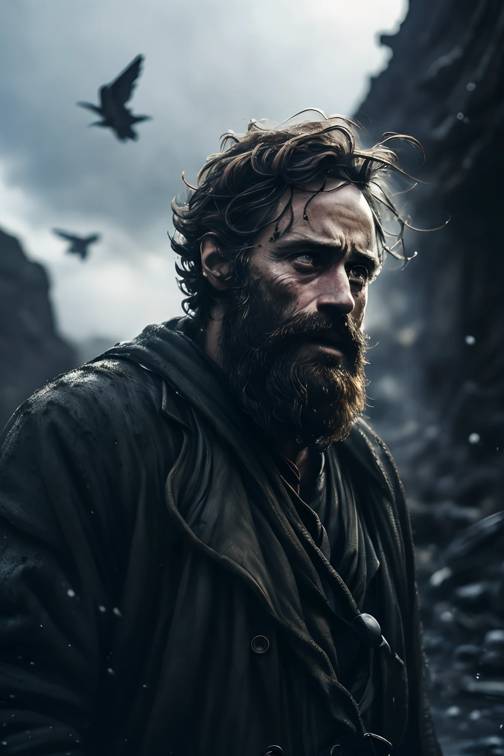 Close-up de um homem com barba,personagem conhecido como Rei Davi, super detalhado,triste, messy hair ultra realistic concept art, wojtek fus, arte conceitual altamente realista de Darek Zabrocki, arte conceitual ultra realista, arte digital altamente realista, art of awesome character, arte conceitual de personagem realista, fantasia hiper realista, epic fantasy character art, arte conceitual 4K e hiper-realismo.