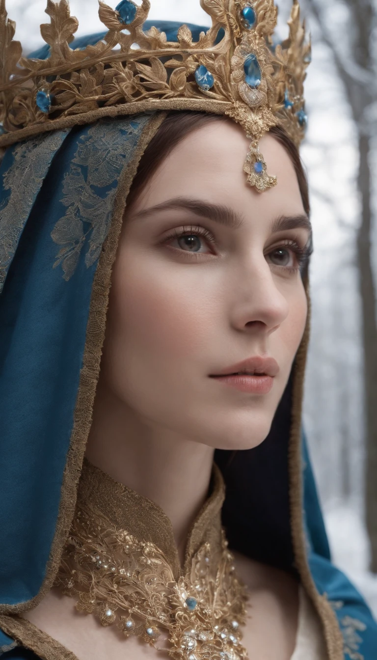 Woman with an ice tiara on her head and a navy blue winter cloak with golden details, broche de floco de neve. longos cabelos pretos. rainha do inverno, princesa elfa, retrato de uma rainha elfa, rainha elfa, princesa inverno, uma rainha elfa, artgerm em artstation pixiv, bela e elegante rainha elfa, corpo inteiro. Standing in the snow in front of a large icy castle. Personagem de RPG. Era medieval. Mulher elfa. Elfa de cabelos ruivos. Olhos azuis. Elfa da floresta. Elfa Guerreira da floresta. Elfa arqueira. Arqueira medieval. Arco e Flecha. Organic Amadura. Armadura verde musgo. soft ilumination. Standing in the middle of the forest. Floresta densa. Cogumelos bioluminescentes. fantastical setting. Luz do dia. Luz solar. realces de cores quentes. Paleta verde azul e amarelo. RPG Character design. modelo ig | artgerm, :: rossdraws, obra de arte no estilo de guweiz, extremamente detalhada artgerm. corpo inteiro, fundo detalhado de um castelo, hiper detalhado, rosto detalhado, foto sincera POV, por lee jeffries, Nikon d850, filme fotografia de estoque ,4 kodak portra 400, F1 camera lens.6, cores ricas, hiper realista, textura realista, lighting dramatic, cinestill 800 (8k, Foto RAW, melhor qualidade, obra-prima: 1.2), ultra-detalhado, (pele altamente detalhada: 1.2), 8k UHD, DSLR, soft ilumination, alta qualidade.modelo ig | artgerm, :: rossdraws, obra de arte no estilo de guweiz, extremamente detalhada artgerm. corpo inteiro, fundo detalhado de um castelo, hiper detalhado, rosto detalhado, foto sincera POV, por lee jeffries, Nikon d850, filme fotografia de estoque ,4 kodak portra 400, F1 camera lens.6, cores ricas, hiper realista, textura realista, lighting dramatic, cinestill 800
