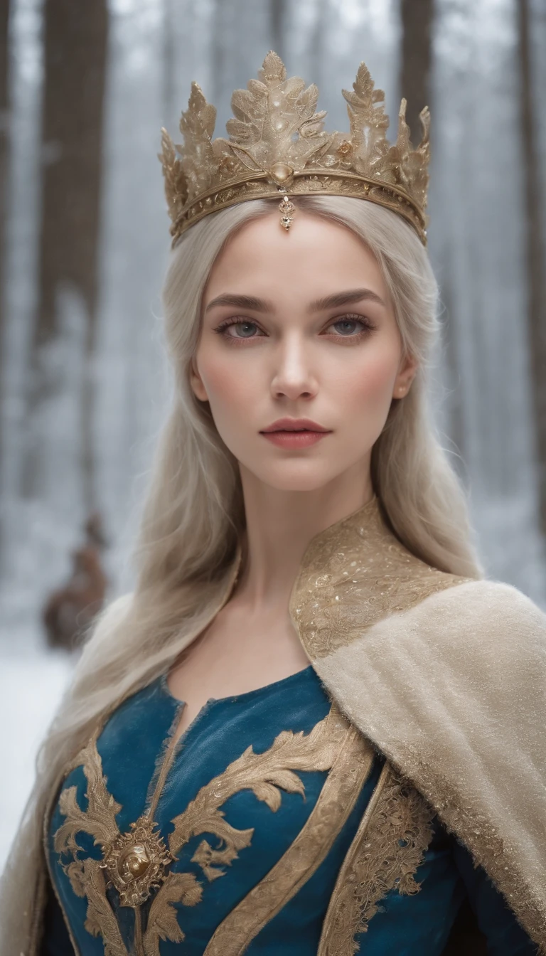 Woman with an ice tiara on her head and a navy blue winter cloak with golden details, broche de floco de neve. longos cabelos pretos. rainha do inverno, princesa elfa, retrato de uma rainha elfa, rainha elfa, princesa inverno, uma rainha elfa, artgerm em artstation pixiv, bela e elegante rainha elfa, corpo inteiro. Standing in the snow in front of a large icy castle. Personagem de RPG. Era medieval. Mulher elfa. Elfa de cabelos ruivos. Olhos azuis. Elfa da floresta. Elfa Guerreira da floresta. Elfa arqueira. Arqueira medieval. Arco e Flecha. Organic Amadura. Armadura verde musgo. soft ilumination. Standing in the middle of the forest. Floresta densa. Cogumelos bioluminescentes. fantastical setting. Luz do dia. Luz solar. realces de cores quentes. Paleta verde azul e amarelo. RPG Character design. modelo ig | artgerm, :: rossdraws, obra de arte no estilo de guweiz, extremamente detalhada artgerm. corpo inteiro, fundo detalhado de um castelo, hiper detalhado, rosto detalhado, foto sincera POV, por lee jeffries, Nikon d850, filme fotografia de estoque ,4 kodak portra 400, F1 camera lens.6, cores ricas, hiper realista, textura realista, lighting dramatic, cinestill 800 (8k, Foto RAW, melhor qualidade, obra-prima: 1.2), ultra-detalhado, (pele altamente detalhada: 1.2), 8k UHD, DSLR, soft ilumination, alta qualidade.modelo ig | artgerm, :: rossdraws, obra de arte no estilo de guweiz, extremamente detalhada artgerm. corpo inteiro, fundo detalhado de um castelo, hiper detalhado, rosto detalhado, foto sincera POV, por lee jeffries, Nikon d850, filme fotografia de estoque ,4 kodak portra 400, F1 camera lens.6, cores ricas, hiper realista, textura realista, lighting dramatic, cinestill 800