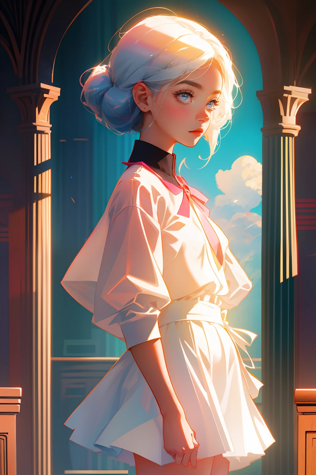 La obra maestra perfecta, sthe highest qualit, la obra de arte perfecta, 8K, cara delicada, mirando a la audiencia,
Chica muscular, full body, Magical transparent eyes, cabello blanco, fondo rojo, In a Japanese schoolgirl uniform,
Arte digital, ilustraciones de planos, ilustraciones coloridas, estilo minimalista, estilo de dibujos animados de anime,