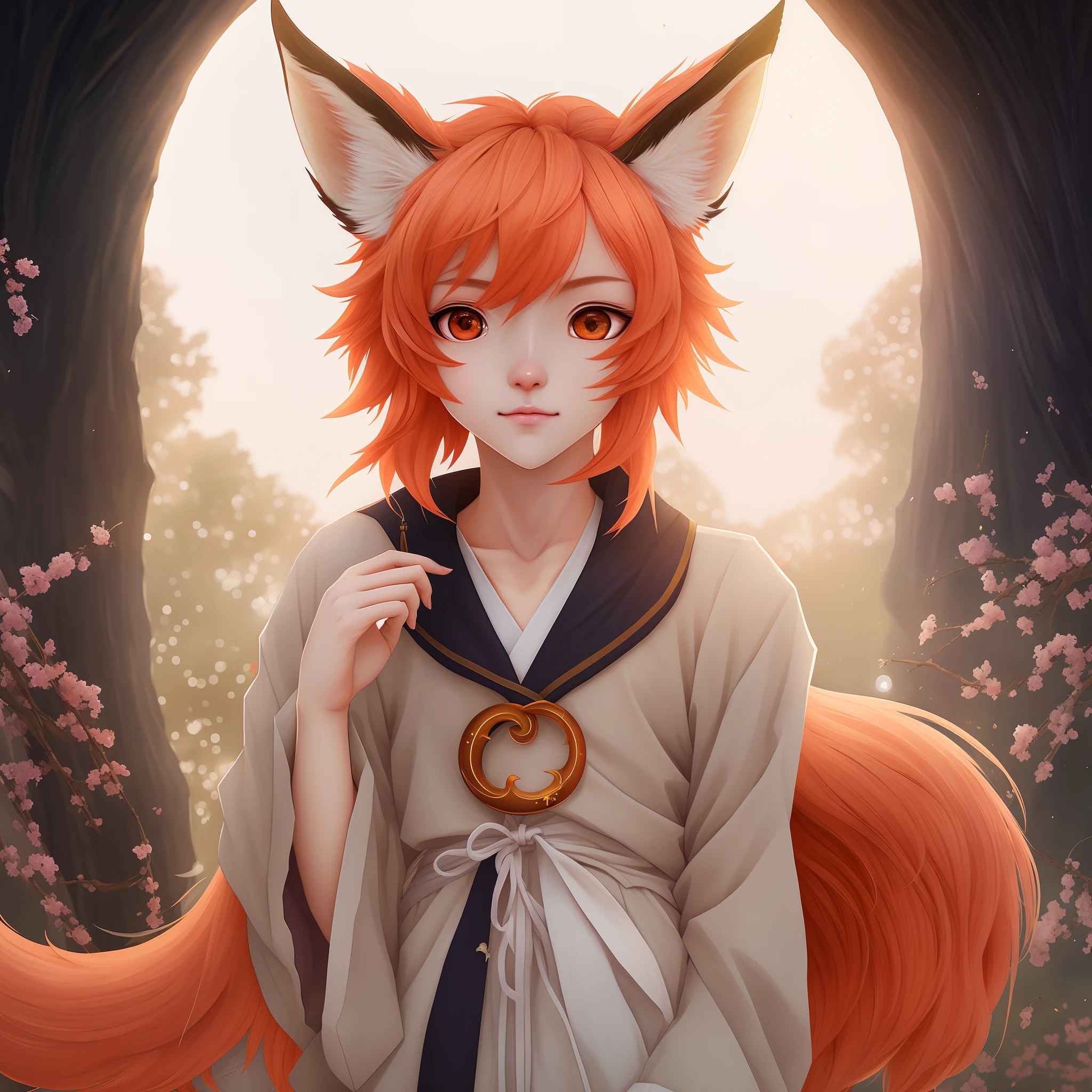 femboy, androgynous, highres, masterpiece, 4k, detailed, orange eyes, orange hair, animal_ears, tail, fox_tail, fox_ears, animal_ear_fluff, fox_boy, cute, neutral expression, one hand in the air, traditional japanese clothing, giant moon, night sky, artistic japanese trees, blush, realistic