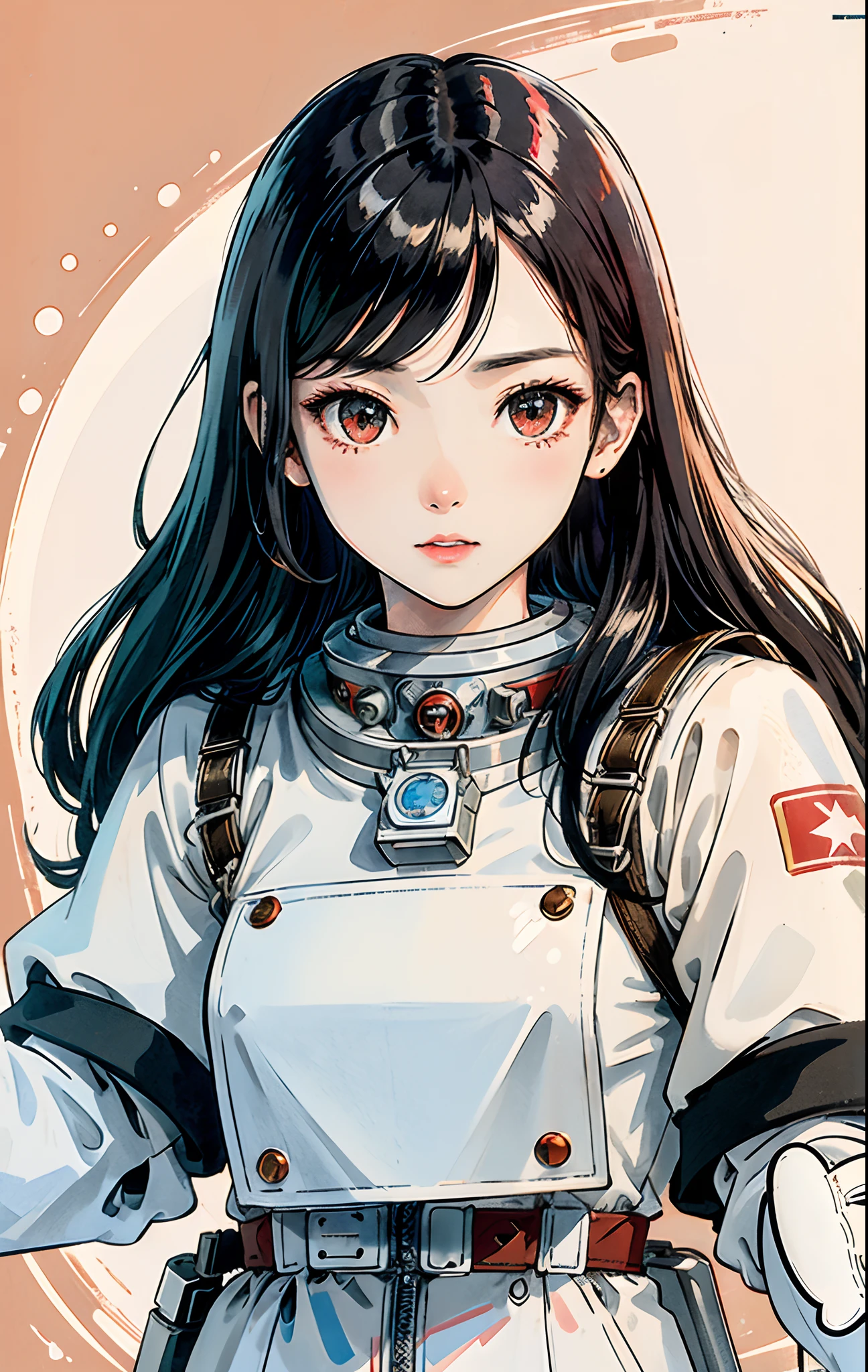 1girl,flat_breasts,cute,beautiful detailed eyes,shiny hair,visible through hair,hairs between eyes, CCCPposter, sovietposter,red monochrome,soviet poster, soviet,communism,
Black_hair,red_eyes,vampire,teenage,poorbreast,Spacesuit:Orange_clothing_body:jumpsuit),white_gloves, white_space shoes, white_helmet, the CCCP red letters on the top of helmet, weightlessness, Side light, reflection, The person in the spacesuit is at the bottom left of the frame, The right hand is outstretched, the right hand gently touches the Salyut space station), Space station in the upper right corner of the screen, Reflected light from the sun, Silver metal,red flag, brilliance,USSR style, diffuse reflection, Metallic texture, The vista is a blue Earth,mecha style,the sea of star,high tone, magnificent