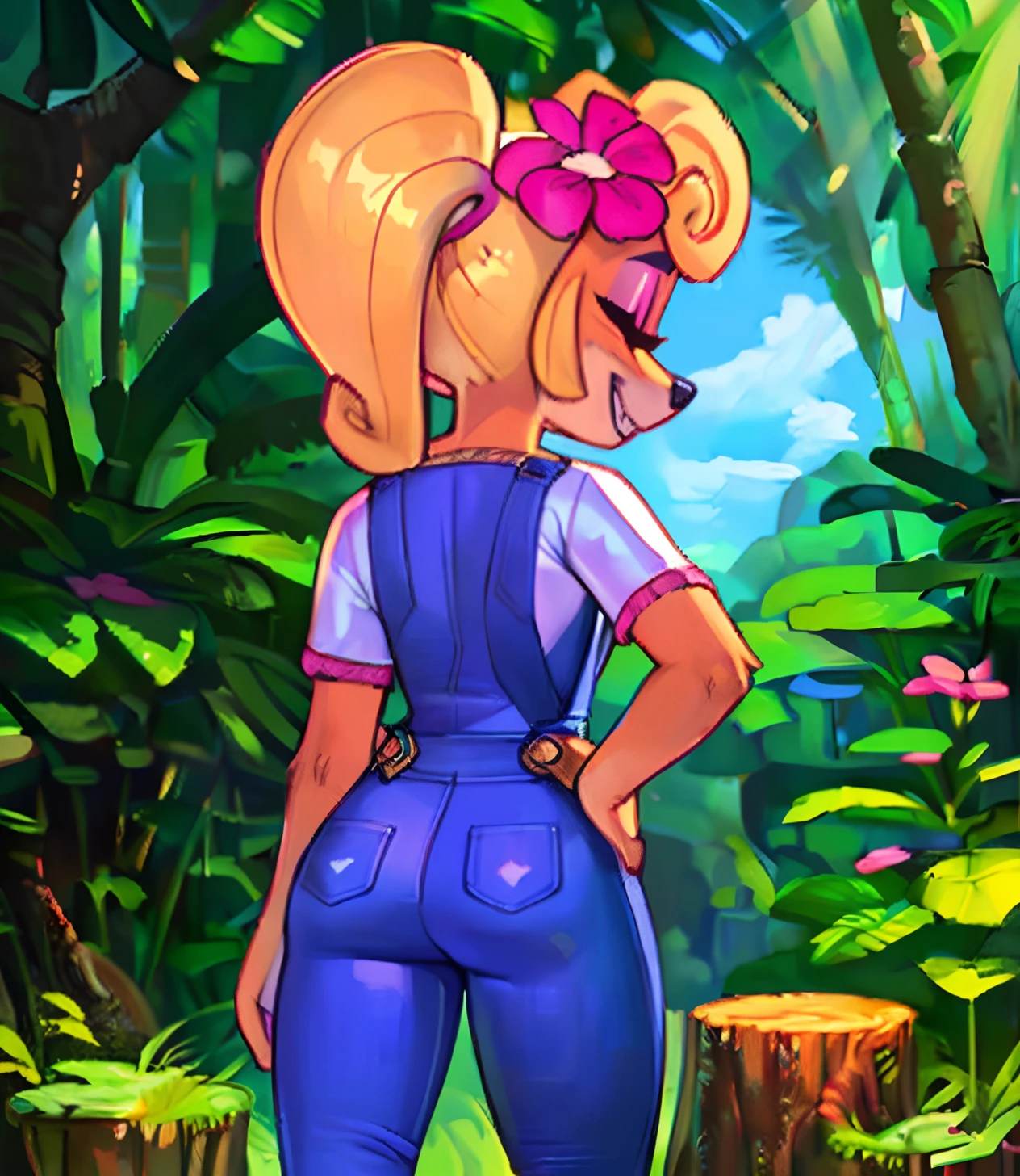 [Coco bandicoot], [Uploaded to e621.net; (Pixelsketcher), (wamudraws)], ((masterpiece)), ((high quality)), ((HD)), ((solo portrait)), ((full body)), ((furry; anthro)), ((detailed fur)), ((detailed shading)), ((beautiful 2D art)), ((back view)), ((shoes visible)), ((intricate details)), {anthro; orange fur, black nose, (closed eyes), long eyelashes, (pink eyeshadow), (excited smile), (white teeth), blonde curly hair, curly ponytail}, {(white shirt), (blue denim overalls), (tight pants), (pink sneakers), (pink flower on head)}, {(standing), (hands on hips)}, [background; (tropical forest), (tree stump), (sun rays), (pink laptop)]