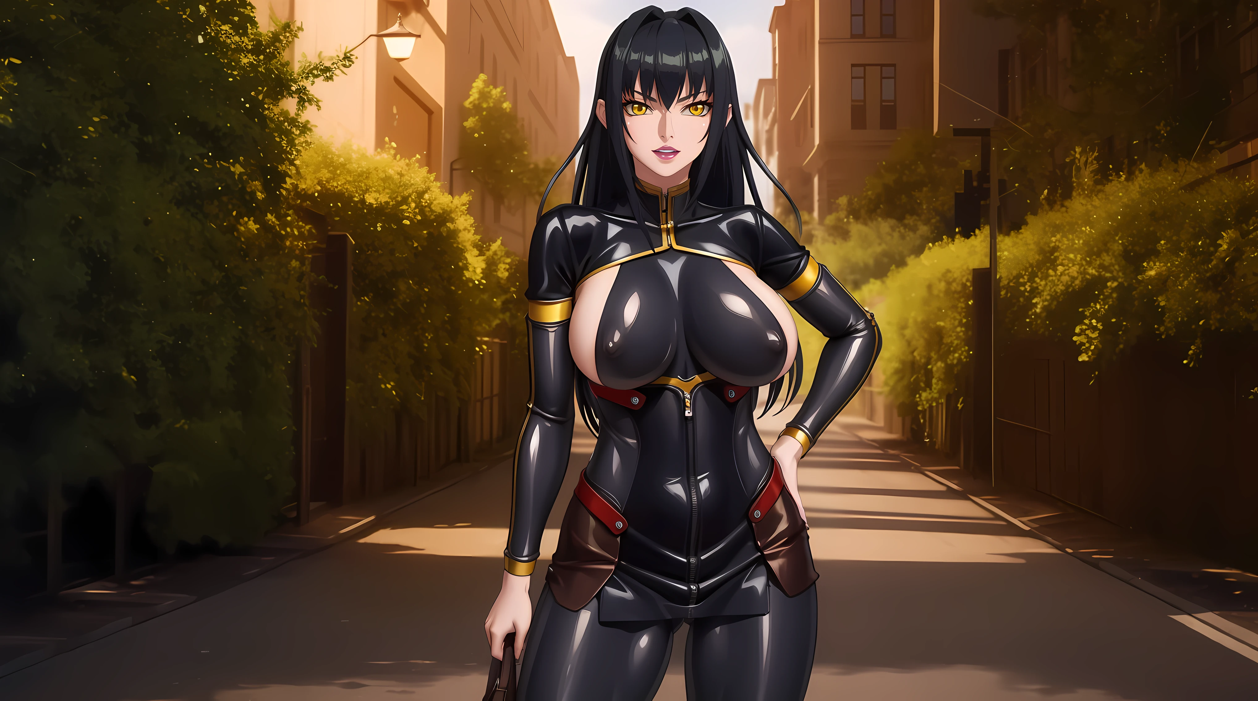 (masterpiece:1.4),(best quality:1.4),  soft lighting, cinematic bloom, beautiful face, beautiful eyes, cowboy shot,
Annerose, 1girl, solo, female mature, black hair, long hair, (yellow eyes:1.4), large breasts, bodysuit, higheels, shiny clothes, skin tight, hair intakes, covered breasts, sideboob, exquisite eyes detail, exquisite character design unity details 8k hdr, professional art, landscape, (solo:1.5, cowboy shot:1.5)