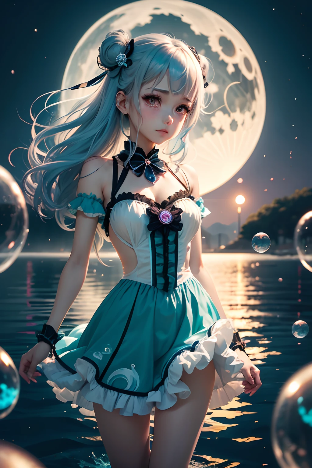 (cancer zodiac) there is a woman with grey glowing cyan hair on underwater with glowing cyan fish, in tears, wet hair, wet dress, crying, girl in tearsspider arm attatched on back, anime girl cosplay, anime girl in real life, anime style mixed with fujifilm, portrait of magical ta girl, cute kawaii girl, anime cosplay, beautiful anime style, lolityle, anime style, cute anime girl, beautiful anime girl, artwork in the style of guweiz, night background with moon