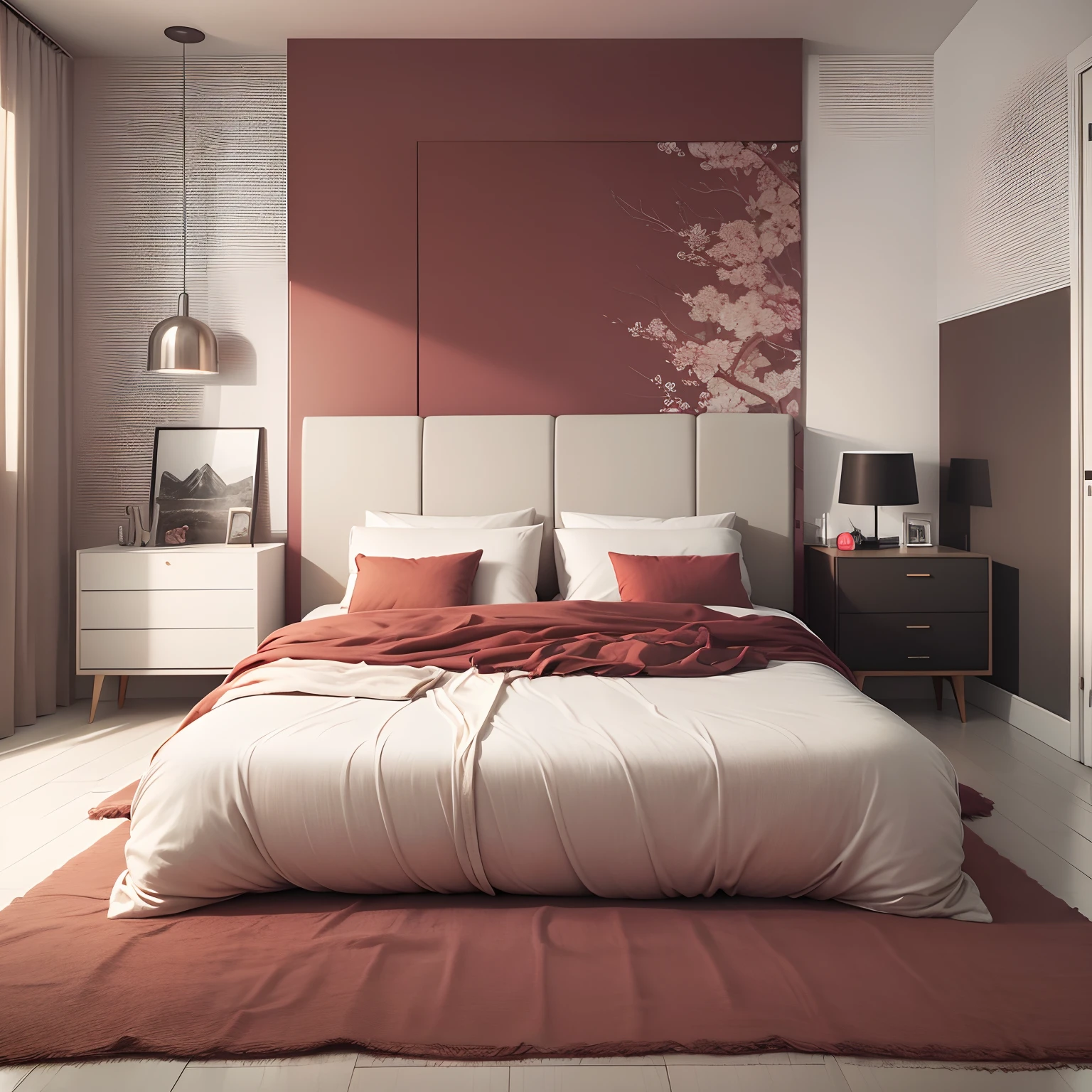 Um quarto de Luxo com umA CAMA QUEEM SIZE, UM ROUPEIRO GRANDE, UMA MESA DE APOIO EM CADA LADO DA CAMA E DECORADO ENTOS VERMELHO BRANCO E ROSA E A CAMA MUITO BEM ARRUMADA