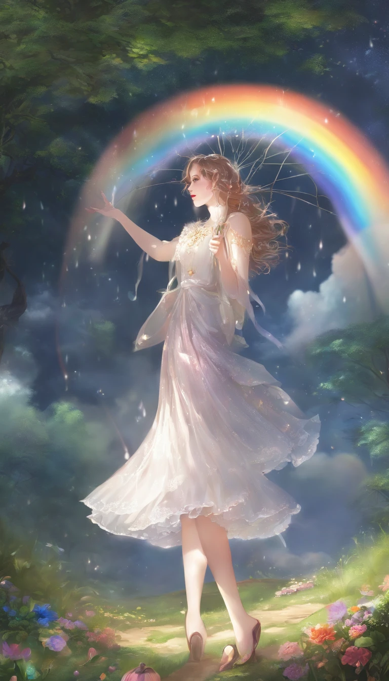 Generate a captivating image of stunning anime-style rainbows, devoid of any humans but radiating with vibrant beauty. Elevate the image's quality by intensifying the brilliance and clarity of the rainbows' colors, making them come alive with a dreamlike glow. Add intricate details to the raindrops, enhancing their sparkle and shimmer as they catch the light. Ensure that the final image captures the essence of a serene and enchanting moment, where the rainbows take center stage in a picturesque, otherworldly landscape.