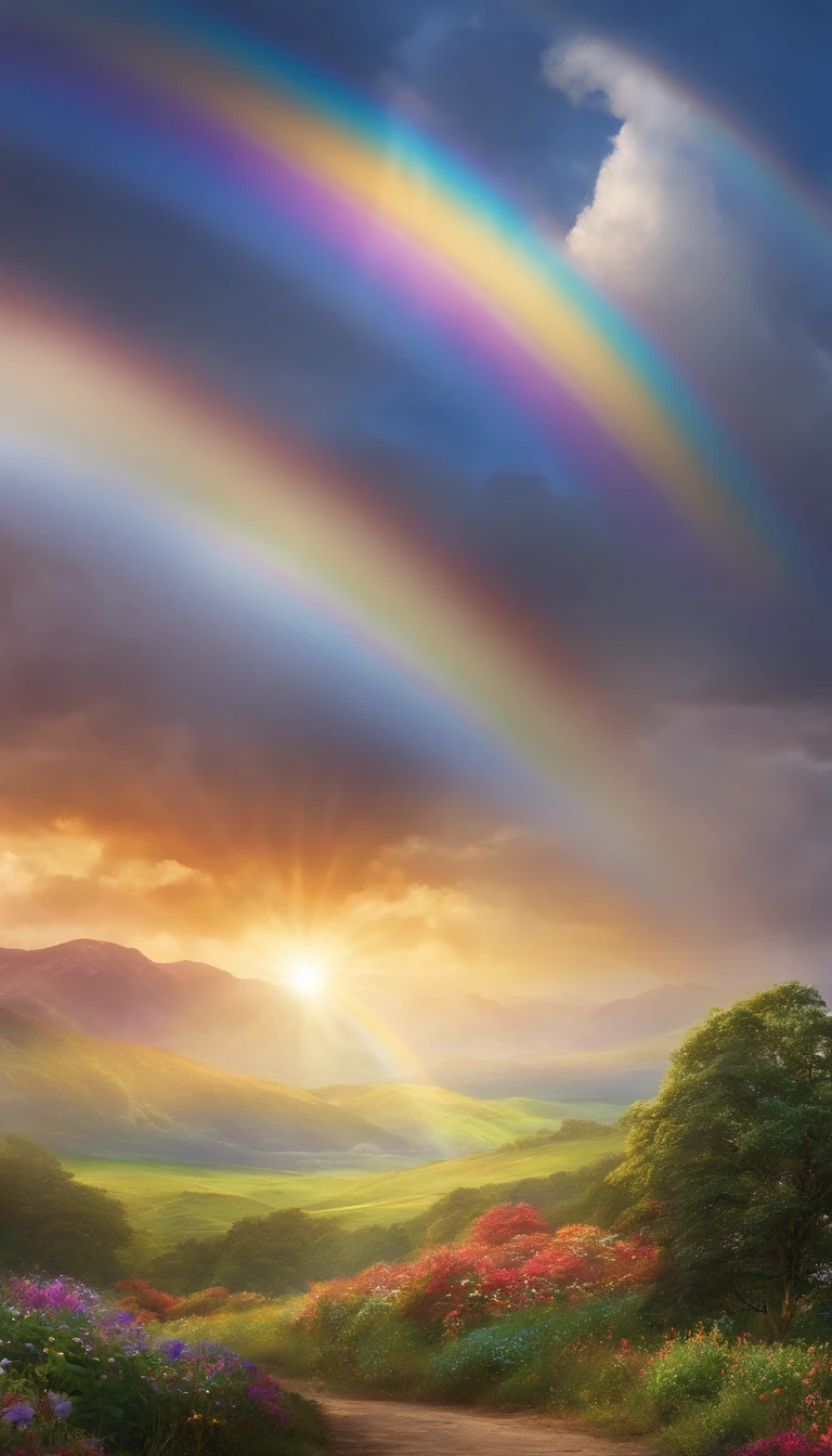 Generate a captivating image of stunning anime-style rainbows, devoid of any humans but radiating with vibrant beauty. Elevate the image's quality by intensifying the brilliance and clarity of the rainbows' colors, making them come alive with a dreamlike glow. Add intricate details to the raindrops, enhancing their sparkle and shimmer as they catch the light. Ensure that the final image captures the essence of a serene and enchanting moment, where the rainbows take center stage in a picturesque, otherworldly landscape.