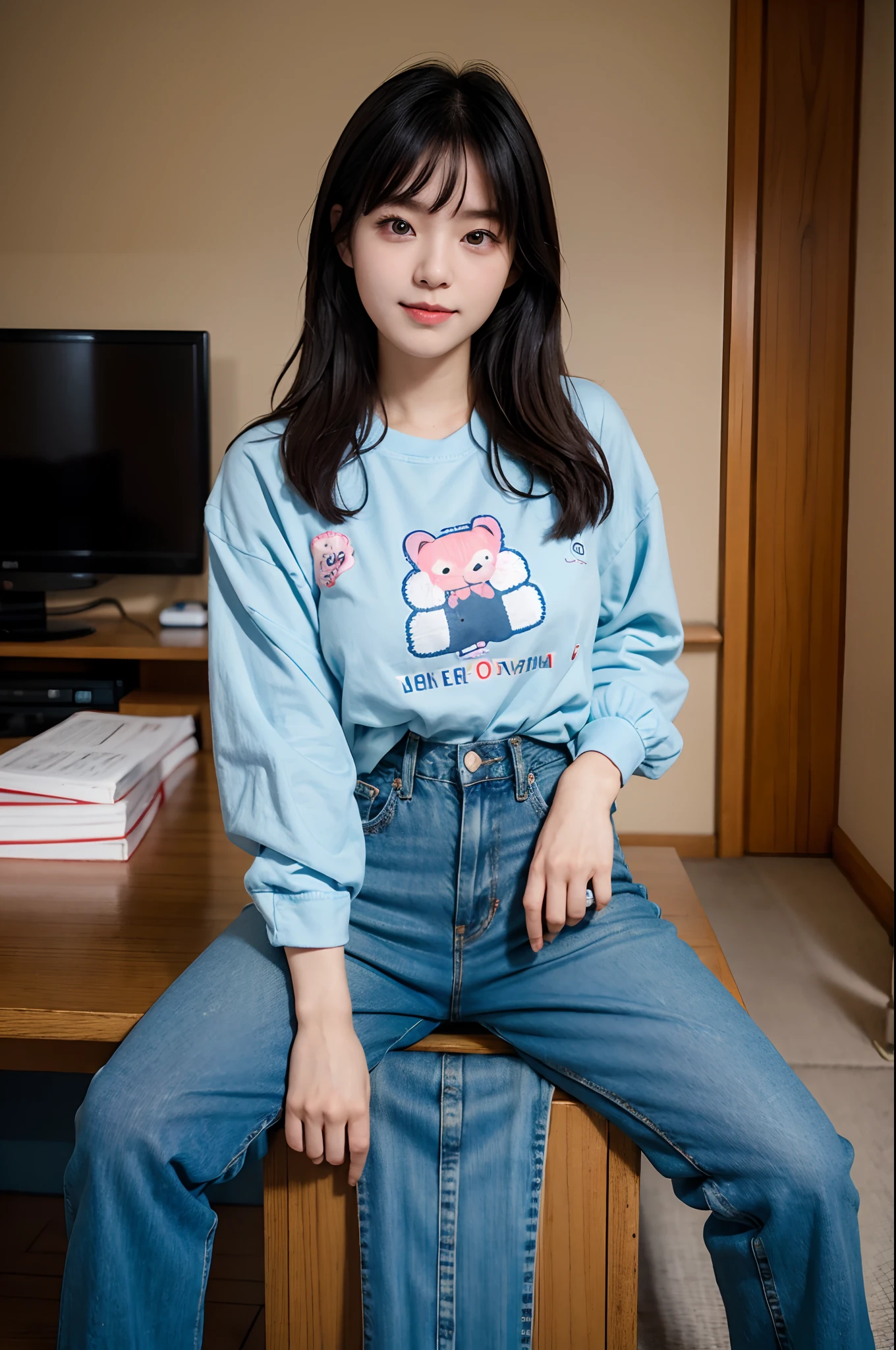 there is a woman standing in a room with a remote, taken with canon 8 0 d, ruan cute vtuber, kawaii shirt and jeans, chiho, taken with canon eos 5 d mark iv, wan adorable korean face, she has a cute expressive face, e-girl, e - girl, sakimichan, captured on canon eos r 6