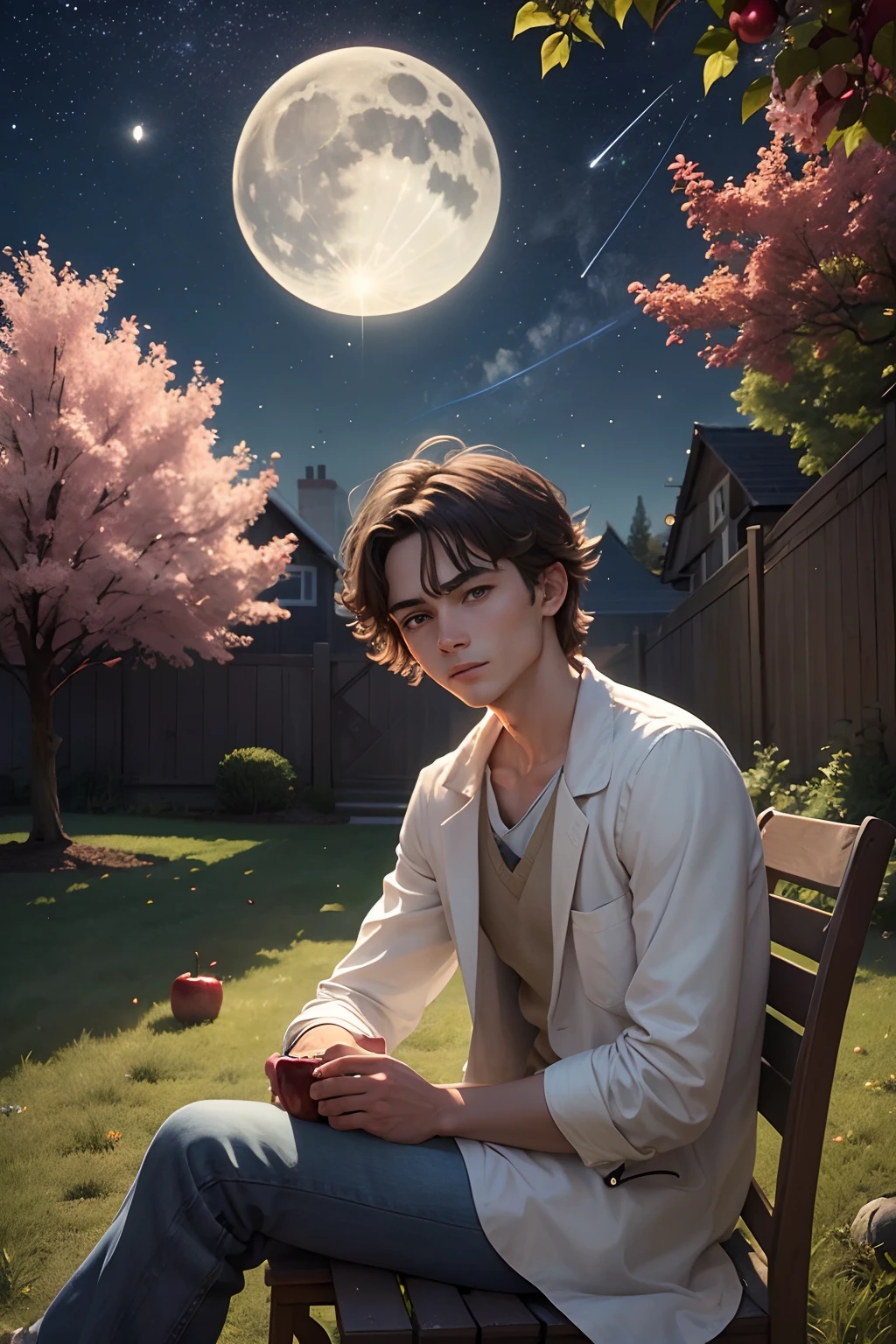 Best picture quality,Young Newton sits under an apple tree in the yard to create,There is a bright moon in the sky,There are shooting stars,The yard has a railing