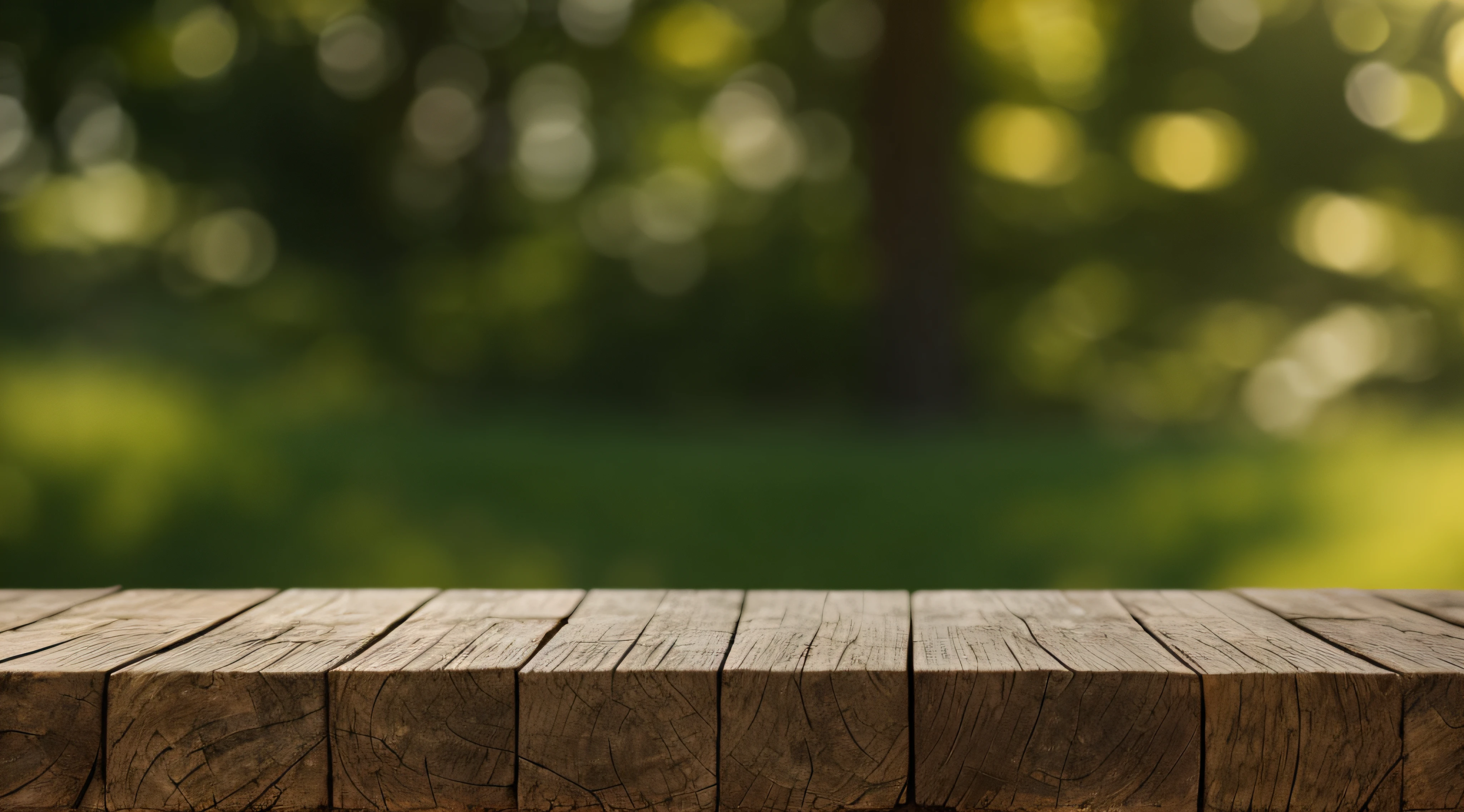 wood podium with bokeh nature, tilt shift, sunlight