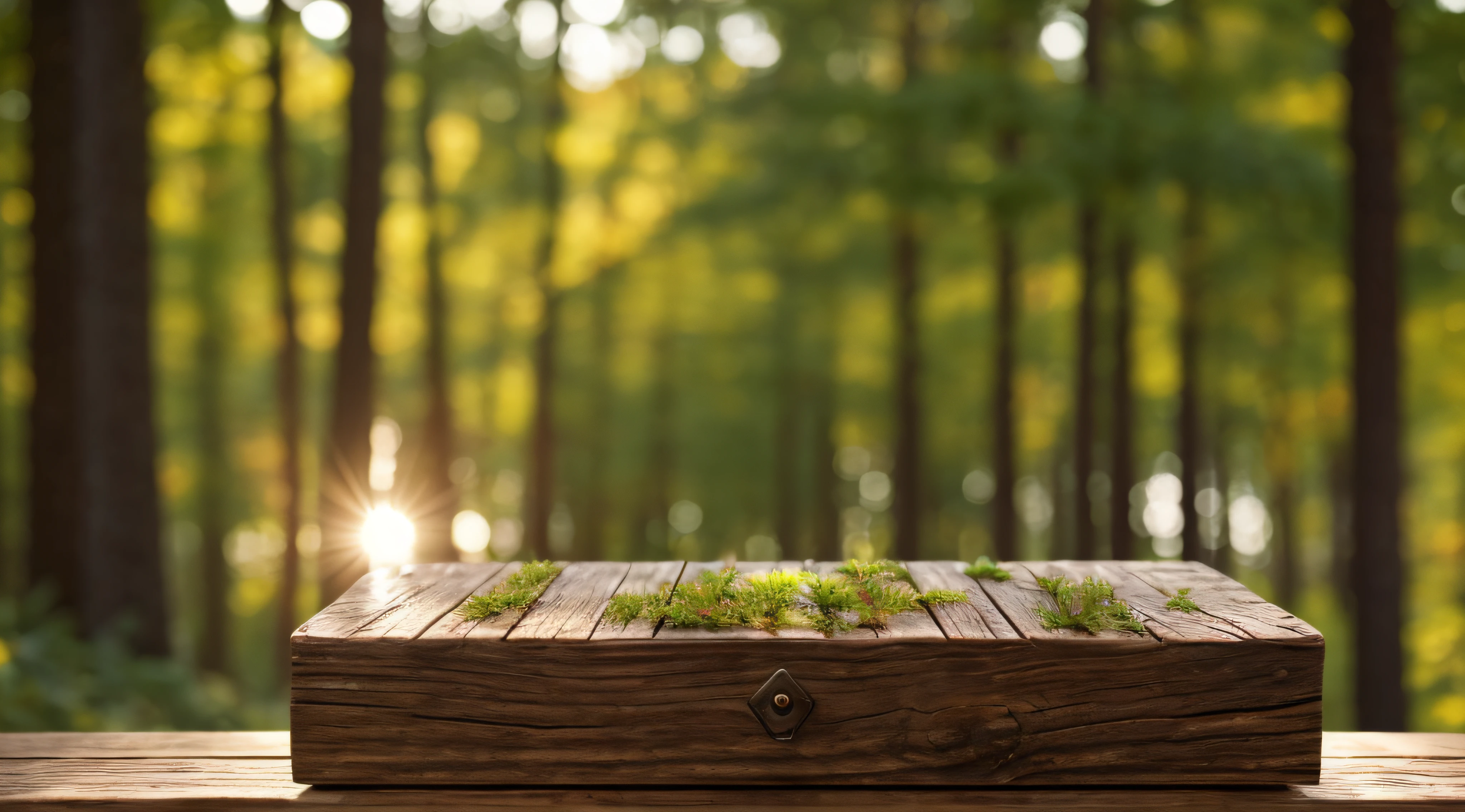 wood podium with bokeh nature, tilt shift, sunlight