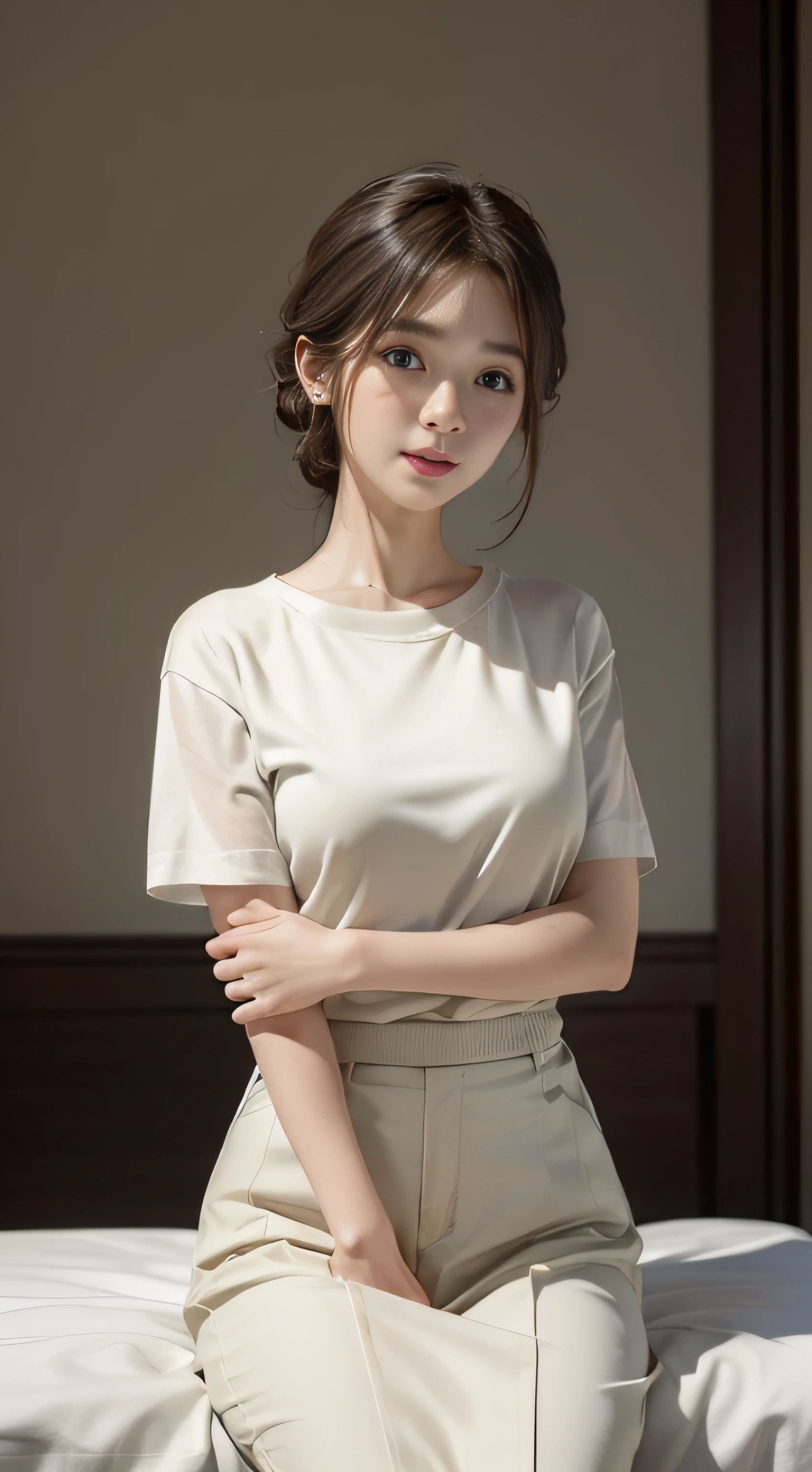 absurdres, RAW photo, extremely delicate and beautiful, masterpiece, Best Quality, ultra high resolution, 32k, hyperrealistic, ultra-detailed, perfect anatomy, super Detailed skin, perfect figure, Super Beauty, Perfect Style, Perfect balance, Beautiful Lighting, Perfect Lightning, Realistic Shadows, 20 years old, very Slim body, narrow waist, very small head, very small face, delicate facial features, handsome detailed woman, very detailed eyes and face, realistic face proportions, Realistic beautiful face, Realistic beautiful eyes, tearful mole, earring, very huge round breasts, medium hair, asymmetrical hair, short skirt, school_uniform,