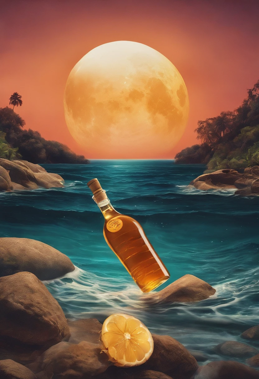 Noisy record covers，The main object is a bottle of high-grade honey，The background is the moon and the sea