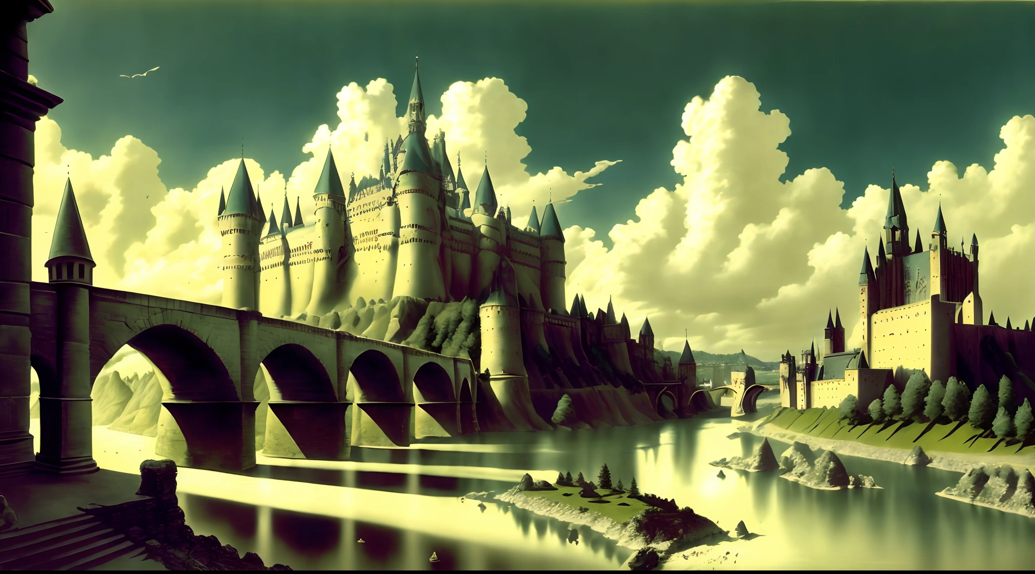 medieval city,landscape,no people,stone buildings,grand castles,cobblestone streets,serene river,arched bridges,tall towers,gothic architecture,green meadows,distant mountains,clear blue sky,sunlight streaming through clouds,magical atmosphere,silence,peaceful ambiance,brilliant colors,fine details,high resolution,pastel color palette,vibrant hues,soft lighting,atmospheric perspective,depth and dimension,dramatic shadows,majestic scenery,lack of modern elements,intense attention to historical accuracy,meticulous craftsmanship,impressive scale and scope,imposing structures,ethereal beauty,timeless charm,rich history and heritage,romantic setting,enchanted aura,quiet tranquility,unspoiled nature,harmony between man-made and natural elements,awe-inspiring view,exquisite composition,immaculate precision,impressive level of realism,magnificent cityscape,sublime beauty,immersive experience