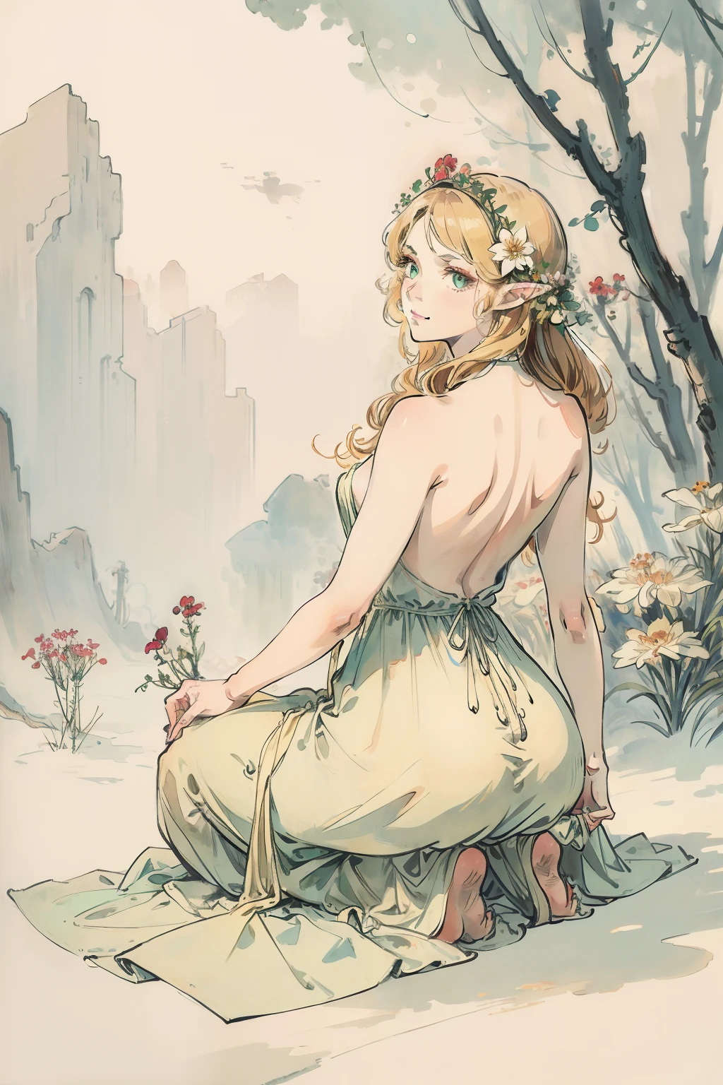 SFW,masutepiece, Best Quality, High resolution, 1girl in, Full body, Details Girl, detail hands, Detail fingers, Detail Face, detail legs, 1girl in, elf, Looking down, Flower Garden, Black sky, smog, watercolor paiting, pale skin, Petite, Blonde hair, Long hair, Wavy Hair, saddened, mournful smile, Green eyes, tareme, medium breasts, white sundress, Bare back, Kneeling, Planting trees