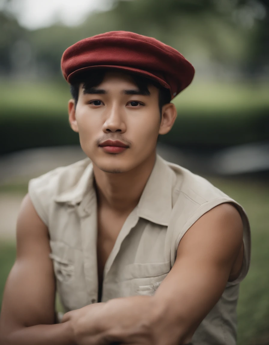 Photo of a 20-year-old korean-brazilian olive-skinned, a few chubby guy with short, salon-cut hair, nose piercing, short mustache and goatee. He manages a shy smile. He wears a brown beret and red overalls, with no shirt. Ibirapuera Park in the background of the photo. Realistic colors, ambient lighting, shot in 2023., ::n_bad anatomy, mutation, mutilation, deformity, poorly drawn, extra arms, extra legs, missing arms, missing legs, mutated hands, mutated feet, fused fingers, extra fingers, long neck, disfigured features, gross proportions, asymmetrical, blurry, ugly, extra eye, missing eye, deformed skull, malformed limbs, mutated mouth, missing teeth, extra teeth, malformed teeth, gross, disgusting, deformed spine, distorted bones, missing bones, out of frame, low resolution, low quality, normal quality, jpeg artifacts, signature, watermark, username, text, error, missing components, extra components, cropped, worst quality, low-res, bad proportions