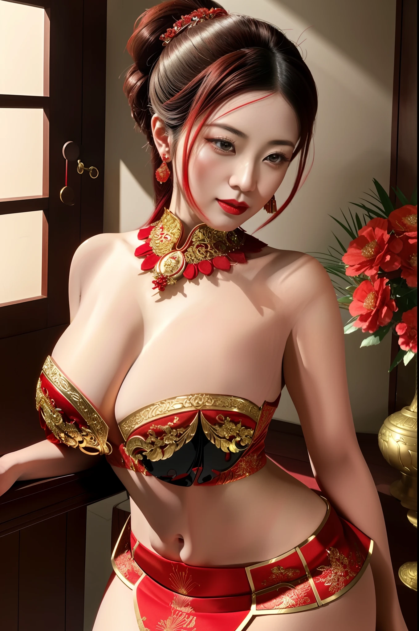 there is a woman in a red and gold outfit posing for a picture, royal elegant pose, beautiful alluring anime woman, asian hyperdetailed, [ 4 k digital art ]!!, seductive anime girl, a beautiful fantasy empress, japanese goddess, elegant pose, smooth anime cg art, 8k high quality detailed art, deviantart artstation cgscosiety, beautiful oriental woman