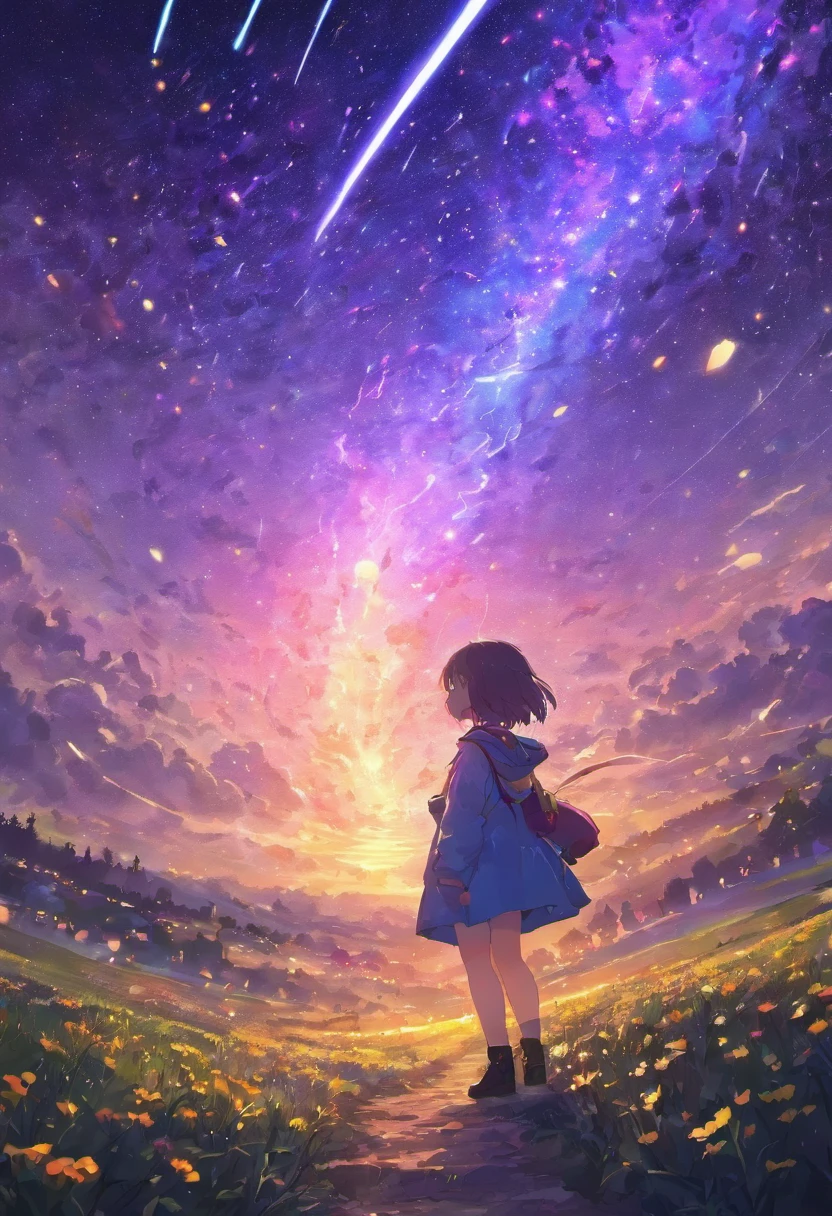 Expansive landscape photograph,(look from down,Above is the sky,Below are open fields),A girl standing on a flower field looking up,(moon full:1.2),(meteors:0.9),(Starcloud:1.3),Far Mountain, Tree BREAK making art,(Warm light source:1.2),(glowworm:1.2),lamp lights,Lots of purple and orange,Complicated details,Volumetric lighting BREAK(tmasterpiece:1.2),(best qualtiy),4k,ultra - detailed,(dynamic compositions:1.4),detail-rich,plethora of colors,(Irridescent color:1.2),(with light glowing,Atmospheric lighting),dream magical,magical,(独奏:1.2