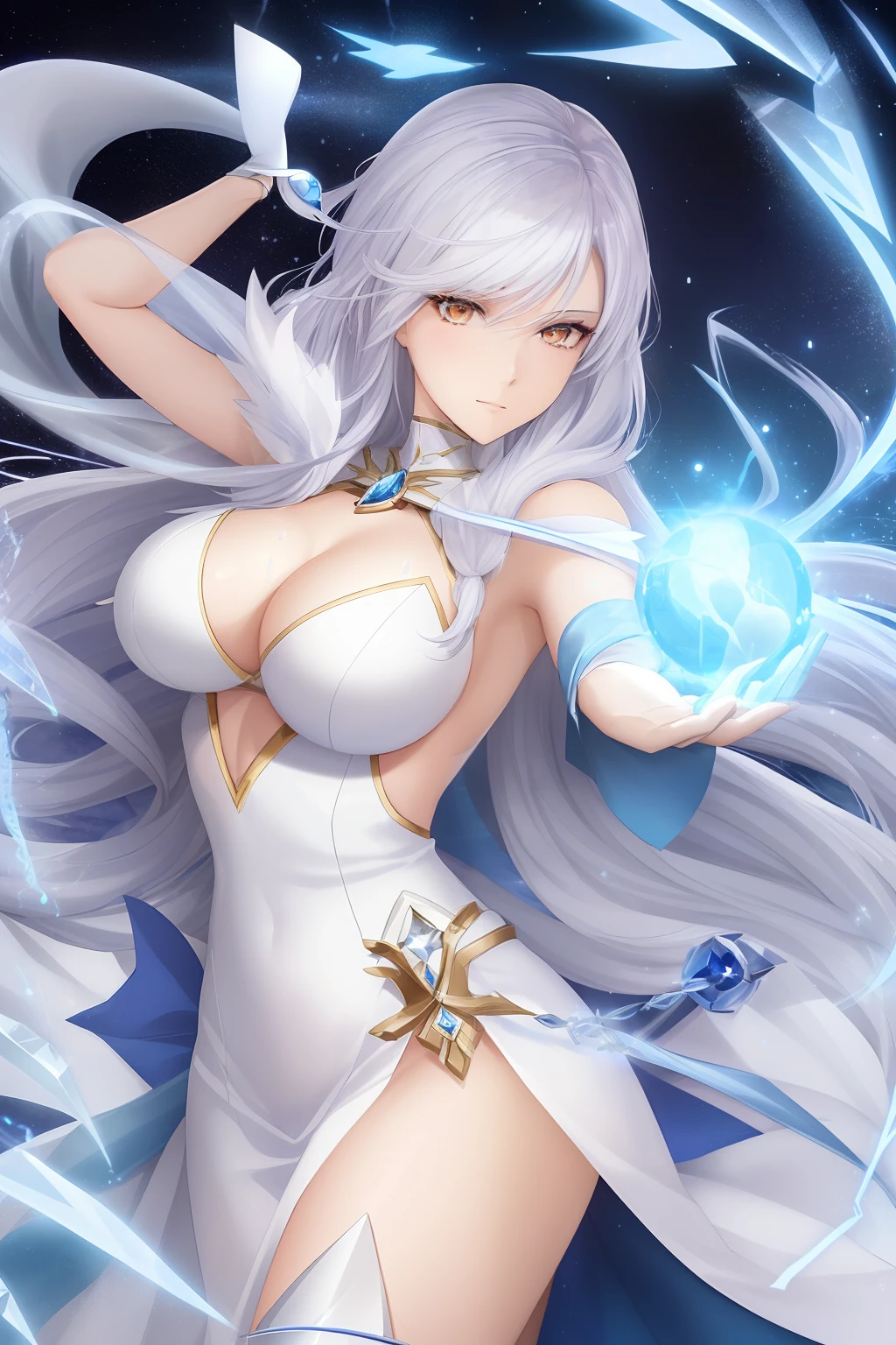 a woman in a white dress holding a blue ball, a sorceress casting a ice ball, white haired deity, goddess of lightning, /!\ the sorceress, portrait of a female anime hero, ashe, white fox anime, cyborg - girl with silver hair, ice sorceress, tensei shitara slime datta ken, female action anime girl
