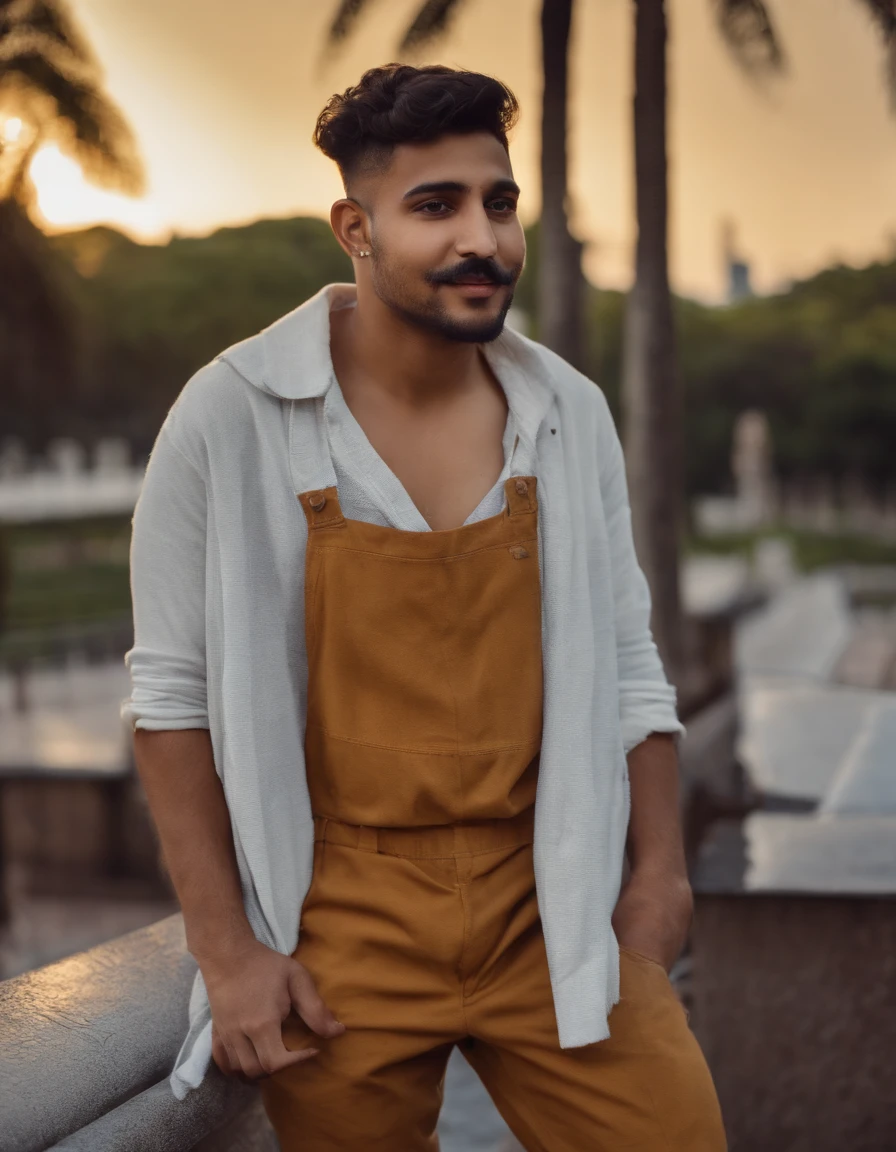 Photo of a 20-year-old indian olive-skinned, a few chubby guy with short, salon-cut hair, nose piercing, short mustache and goatee. He manages a shy smile. He wears a brown beret and red overalls, with no shirt. Ibirapuera Park in the background of the photo. Realistic colors, ambient lighting, shot in 2023., ::n_bad anatomy, mutation, mutilation, deformity, poorly drawn, extra arms, extra legs, missing arms, missing legs, mutated hands, mutated feet, fused fingers, extra fingers, long neck, disfigured features, gross proportions, asymmetrical, blurry, ugly, extra eye, missing eye, deformed skull, malformed limbs, mutated mouth, missing teeth, extra teeth, malformed teeth, gross, disgusting, deformed spine, distorted bones, missing bones, out of frame, low resolution, low quality, normal quality, jpeg artifacts, signature, watermark, username, text, error, missing components, extra components, cropped, worst quality, low-res, bad proportions