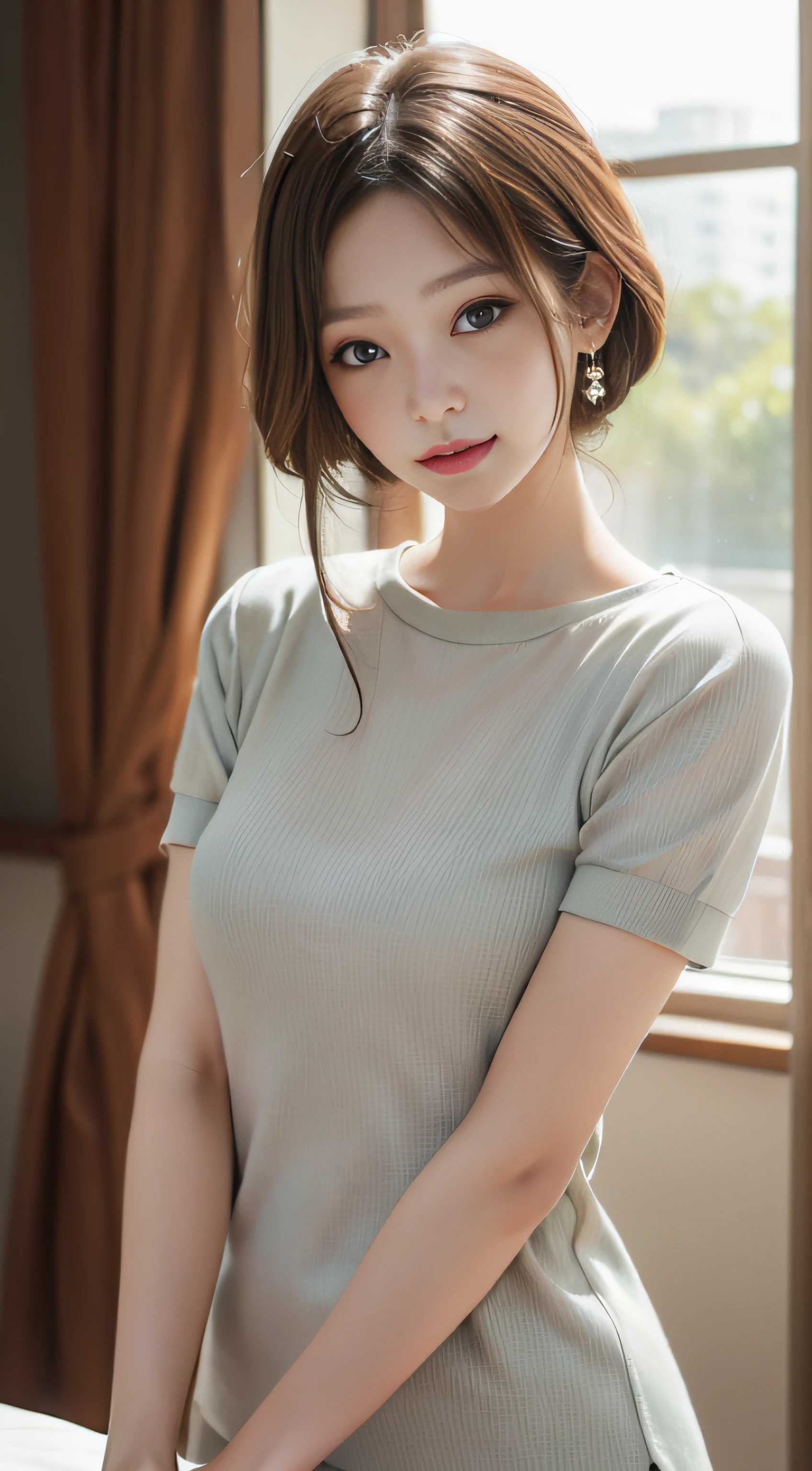 masterpiece、Top image quality:1.2、((beautiful young woman with))、Transparent skin:1.2、{A slight smil}、(kawaii)、Short sleeve knit、Light khaki、luxury hotel、depth of fields