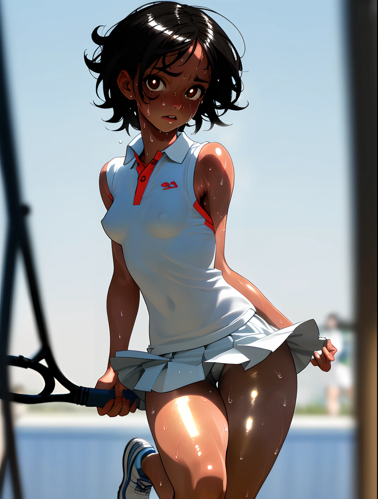 1girl, solo, white polo shirt, white sneakers, tennis wear, white miniskirt, masterpiece, best quality, realistic, hyper-detailed, (shiny skin, sweaty:1.4), absurd, looking at viewer, short black hair, brown eyes, slender, dynamic lighting, high resolution, sharp focus, depth of field, detailed eyes, sharp pupils, realistic pupils, (small breasts:1.6), (thick thighs:1.0), outdoor, sky