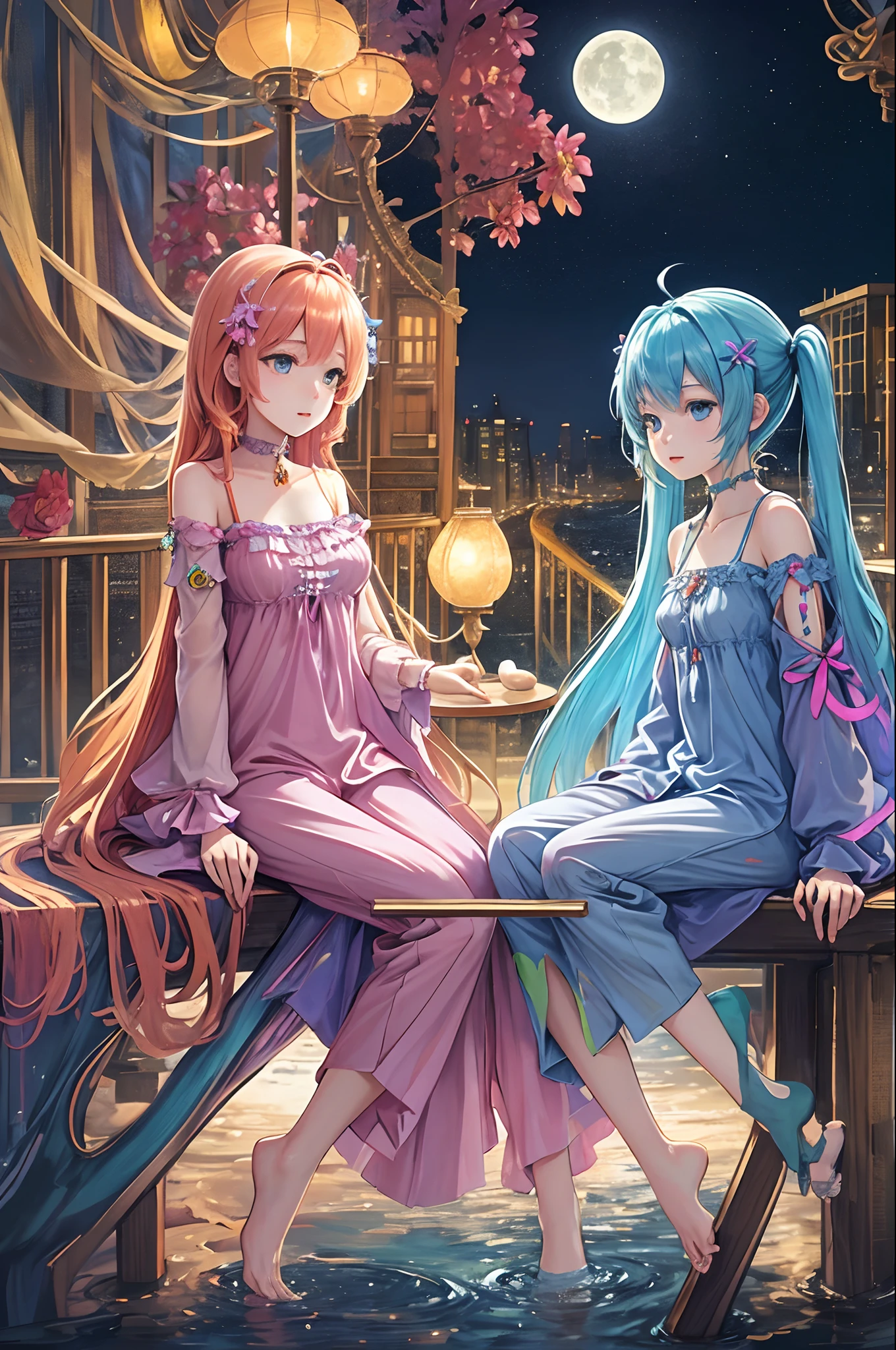 (masterpiece、top-quality、Official art:1.2)、(colourfull)、miku hatsune、see the beholder、1girl in、portlate、独奏、Colorful water levitation、girl sleeping、realisticlying、She wears long pants、Wearing pink pajamas、