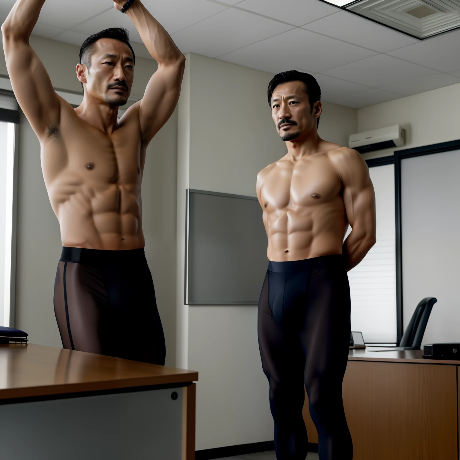 aged 40,Hidetoshi Nakata,(Kogoro Mouri 1.3),Shirtless,Tong,Bulge,fortitude,office room,Two people standing,One foot raised,Translucent stocking pants,fortitude,k hd,with mustache,black long socks,sexyposture