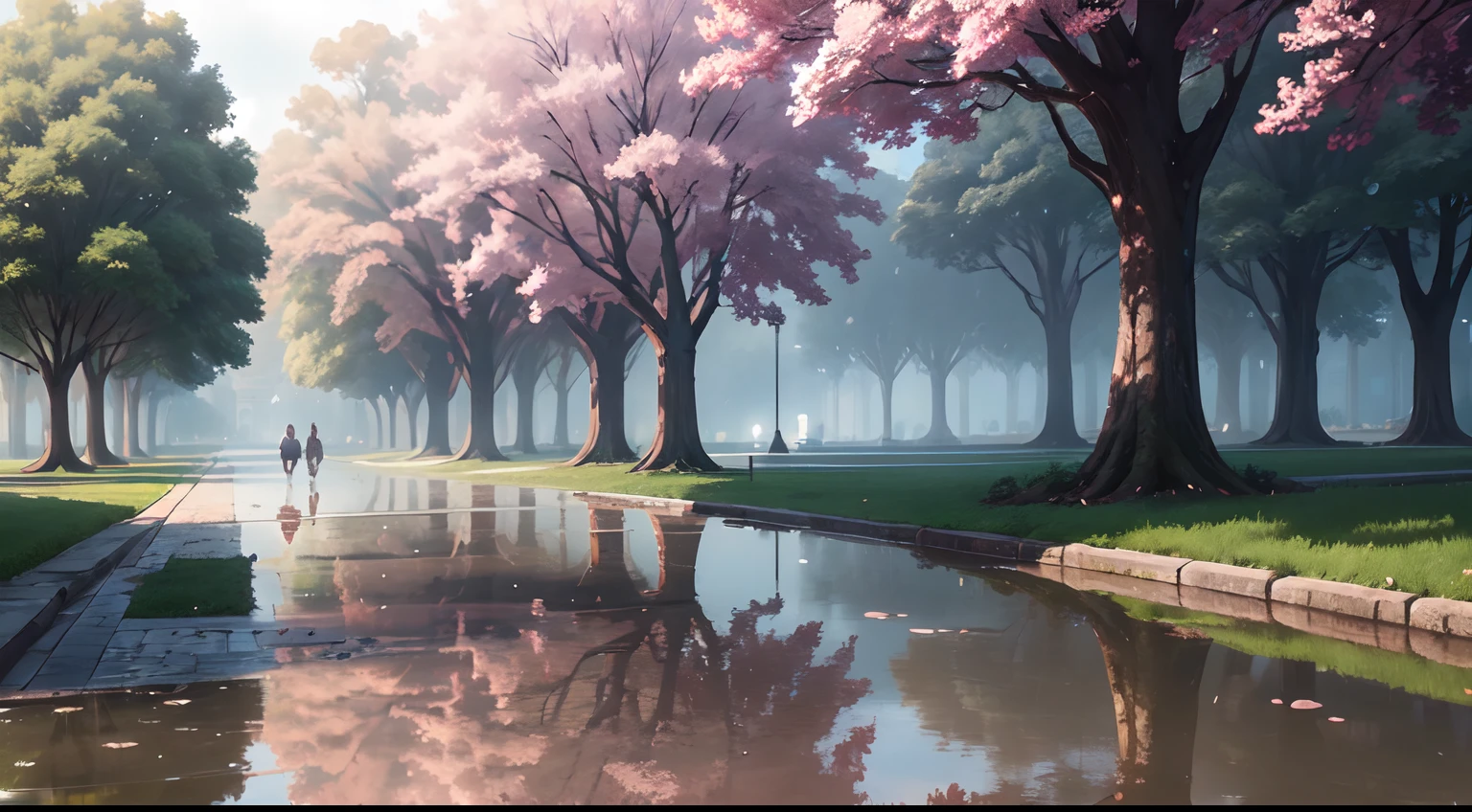 (beautiful university campus), the path of stone,(two side of trees,) after raining, drop of water from the trees, students in the part of the picture (puddle of water reflection),(anime style),(CG), atmospheric perspective, masterpiece, accurate, ((best quality)), high quality, super detail, high details, anatomically correct, highRes, 1080p,