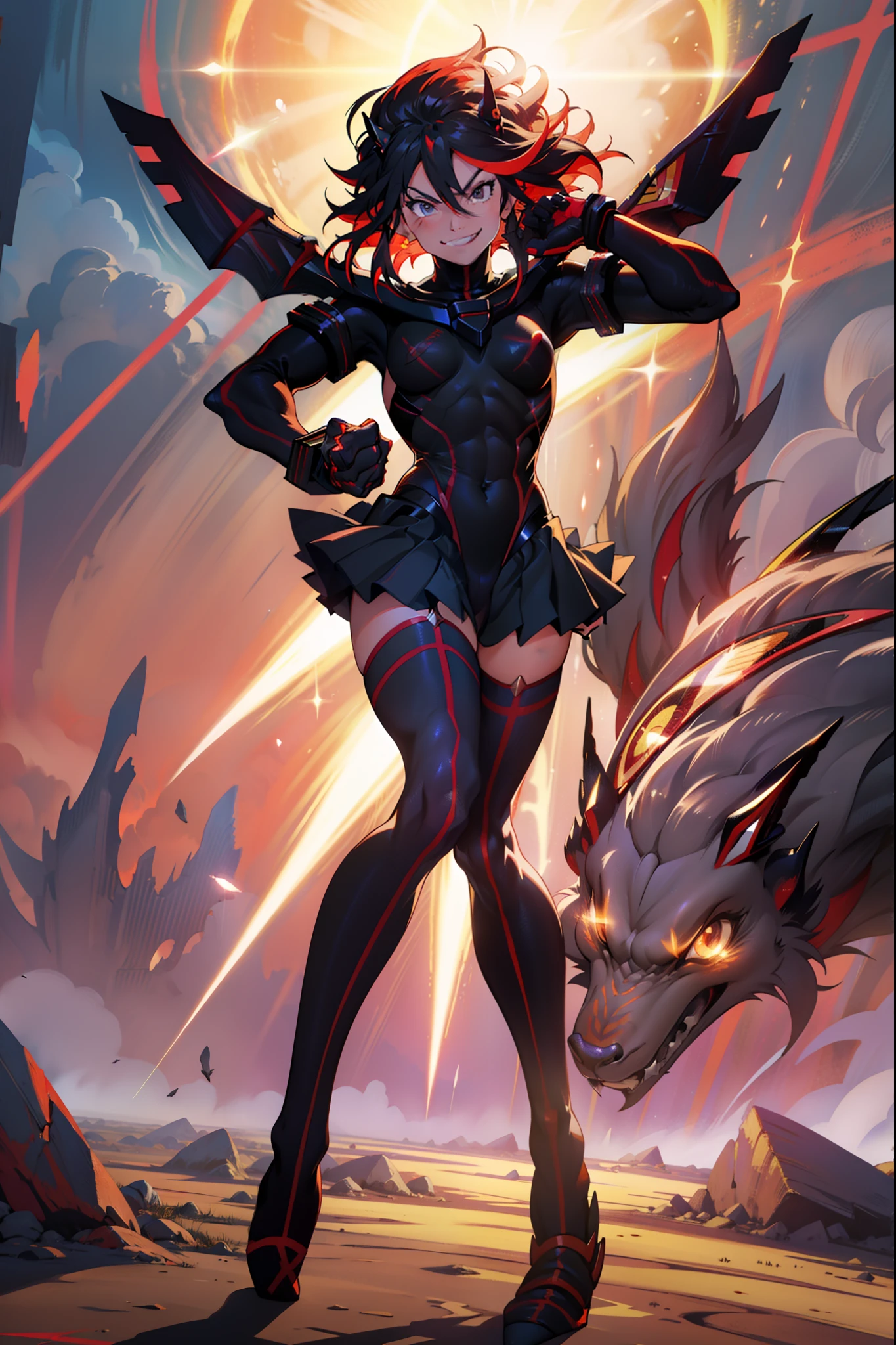 Anime, ryoko matoi,flying through the sky with black angel wings, golden leotard armor, In Battle, Chaos, shooting laser beams from hands, masterpiece ,pantyhose, boots,magicagirl body suit, large skirt, smile, long skirt,standing,smile forest,smile, full body, red hair