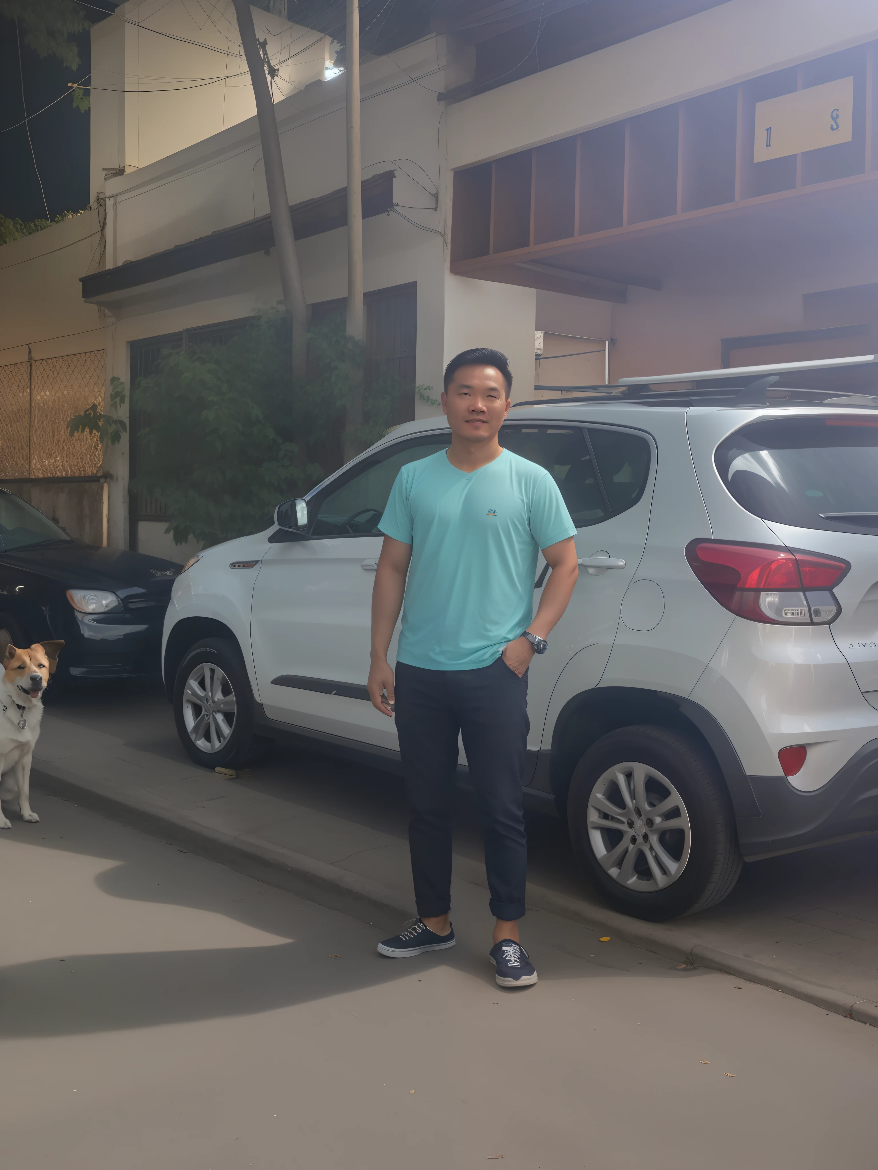 there is a man standing in front of a car with a dog on the street, discovered photo, very very low quality picture, hoang long ly, in front of the house, dang my linh, in front of a garage, with a city in the background, in a street, standing in street, photo taken in 2 0 2 0, in city street