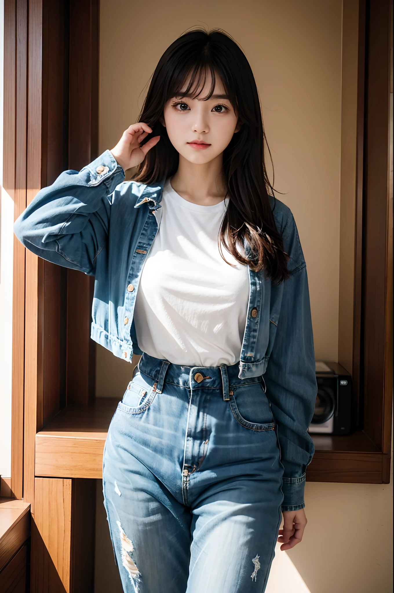 there is a woman standing in a room with a remote, a picture inspired by Kim Jeong-hui, unsplash, realism, ruan cute vtuber, taken with canon 8 0 d, kawaii shirt and jeans, chiho, taken with canon eos 5 d mark iv, wan adorable korean face, she has a cute expressive face, e-girl, e - girl