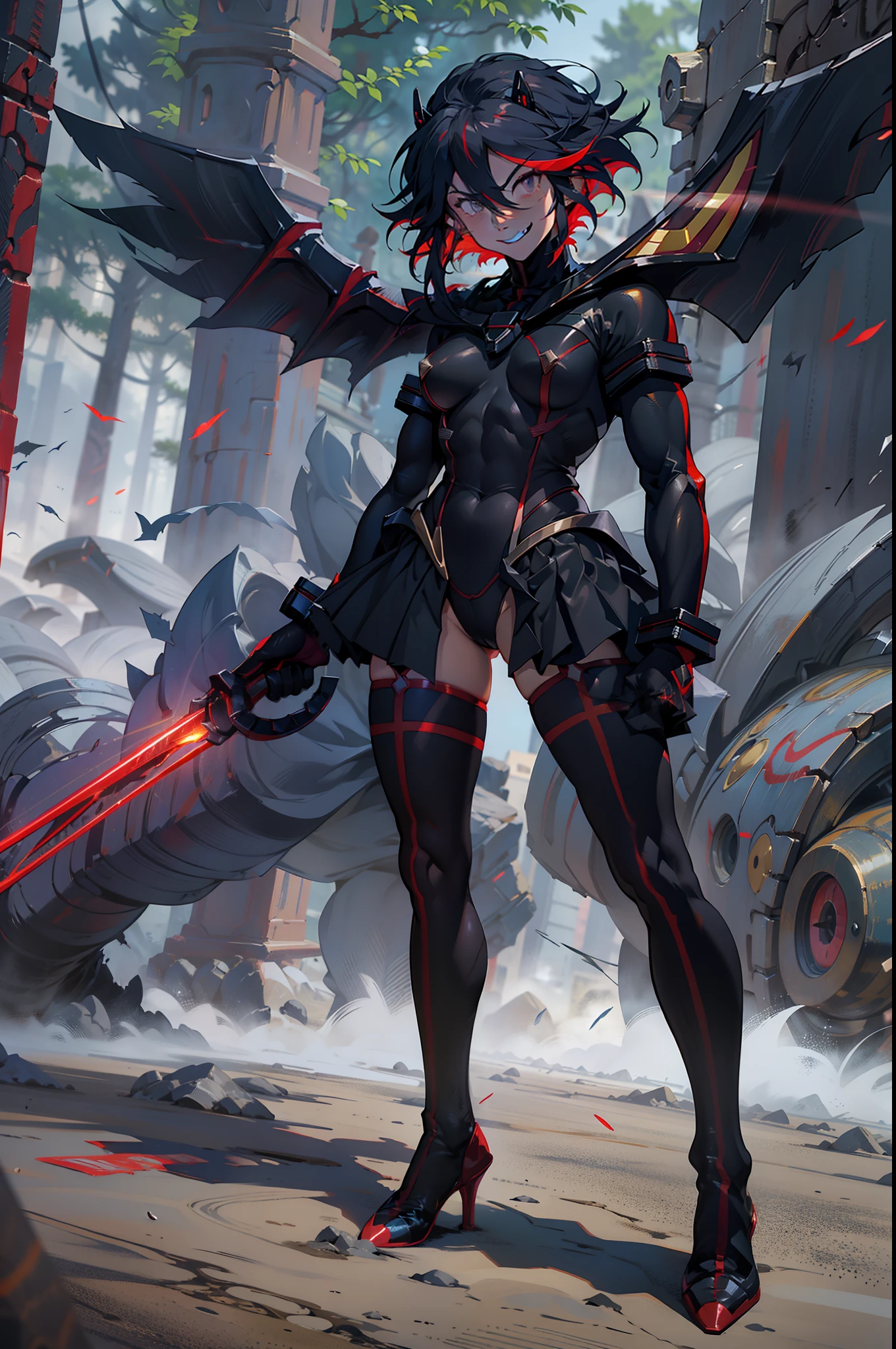 Anime, ryoko matoi,flying through the sky with black angel wings, golden leotard armor, In Battle, Chaos, shooting laser beams from hands, masterpiece ,pantyhose, boots,magicagirl body suit, large skirt, smile, long skirt,standing,smile forest,smile, full body, red hair