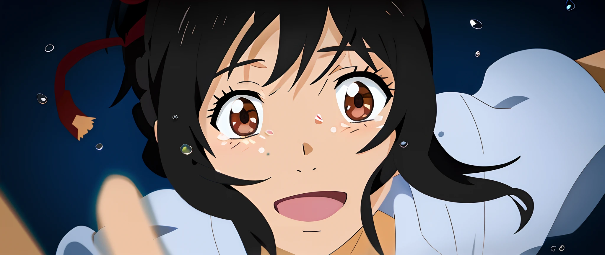 shinkai makoto, kimi no na wa., 1girl, bangs, black hair, blue sky, blush, bow, bow, brown eyes, cloud, collared shirt, headband, headband, looking at the audience, Negative Space, Outdoor, red bow, red bow, red headband, red ribbon, Ribbon, school uniform, shirt, short hair, sky, smile, solo, sweater vest, upper body, vest, white shirt, yellow sweater vest, yellow vest